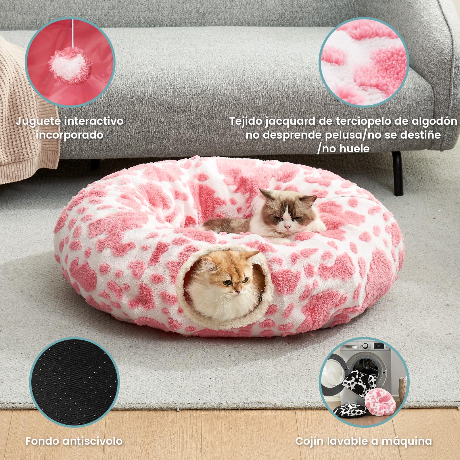 COZY KISS Tunnel per Gatti Interni con Letto, Tunnel con Due Entrate, Cuccia Con Cuscino Lavabile, Peluche Morbida, Interattivo per Cuccioli/Gattini/Conigli (Rosa & Nero, 85D)