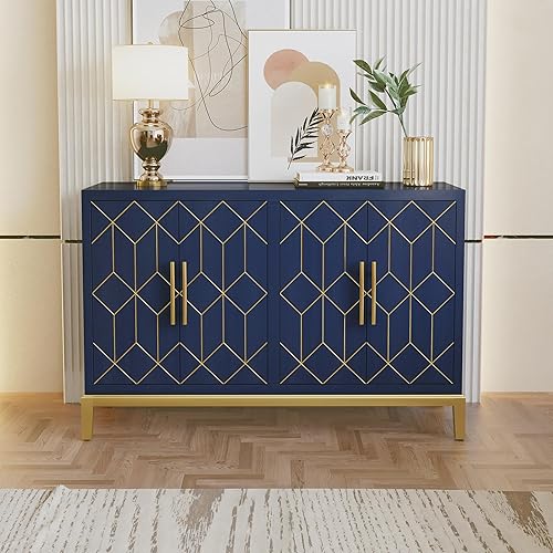 Miniatura 3 de HLR Armario decorativo de 48 pulgadas con 4 puertas y estantes, armario de almacenamiento moderno con borde dorado, aparador buffet para sala de