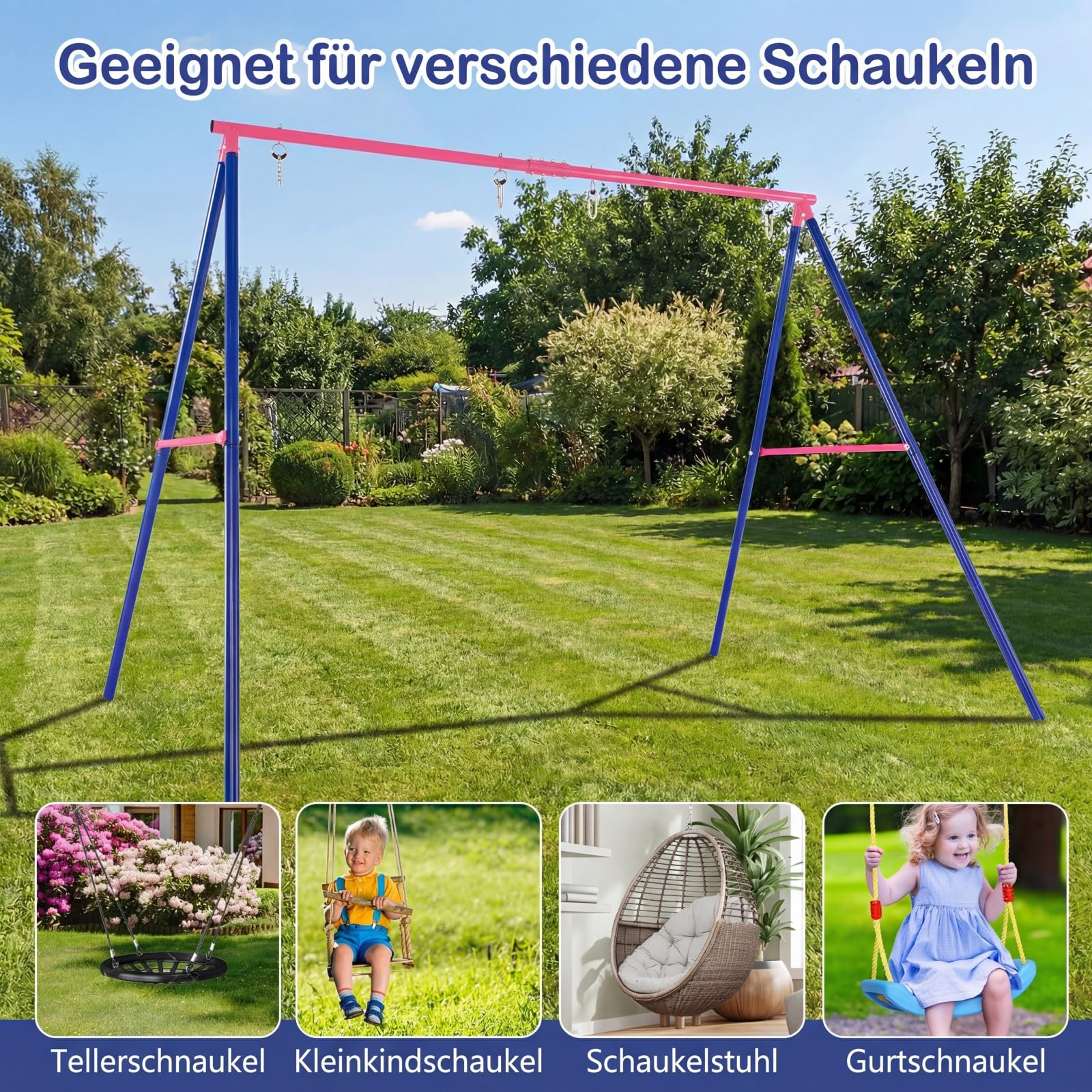 DREAMADE Schaukelgestell Outdoor, Schaukelgerüst Metall (Nur Rosa- Gestell) | Schaukel Gestell bis 300kg für Kinderschaukel, Nestschaukel, Doppelschaukel Gestell für 2 kinder, Drinnen & Draußen