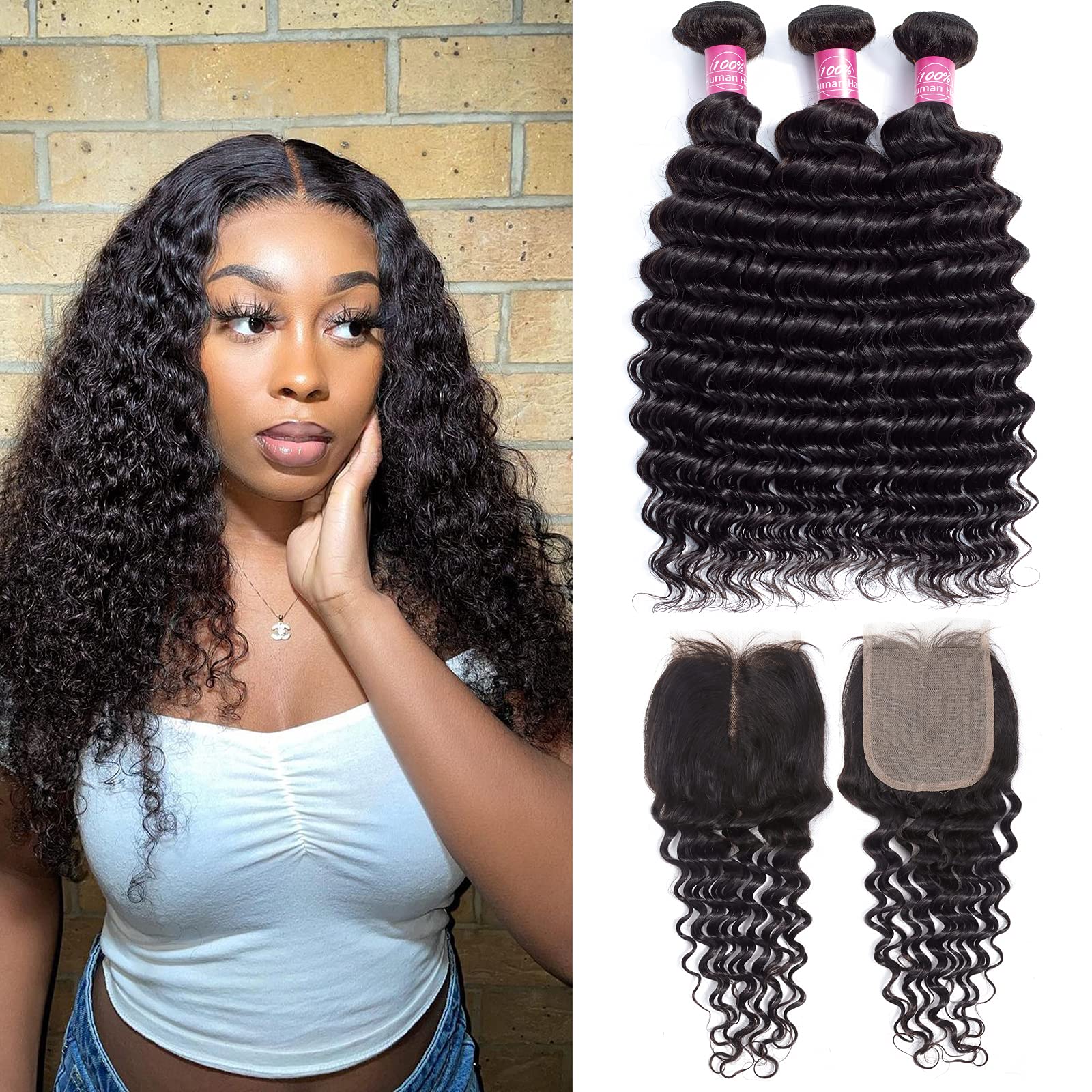 Sexycat Deep Curly Bundles with 4x4 Lace Closure Human Hair 14 16 18+12 Inch 100% Unprocessed Brazilian Virgin Hair Extensions Water Wave Weave Bundles with Middle Part Closure