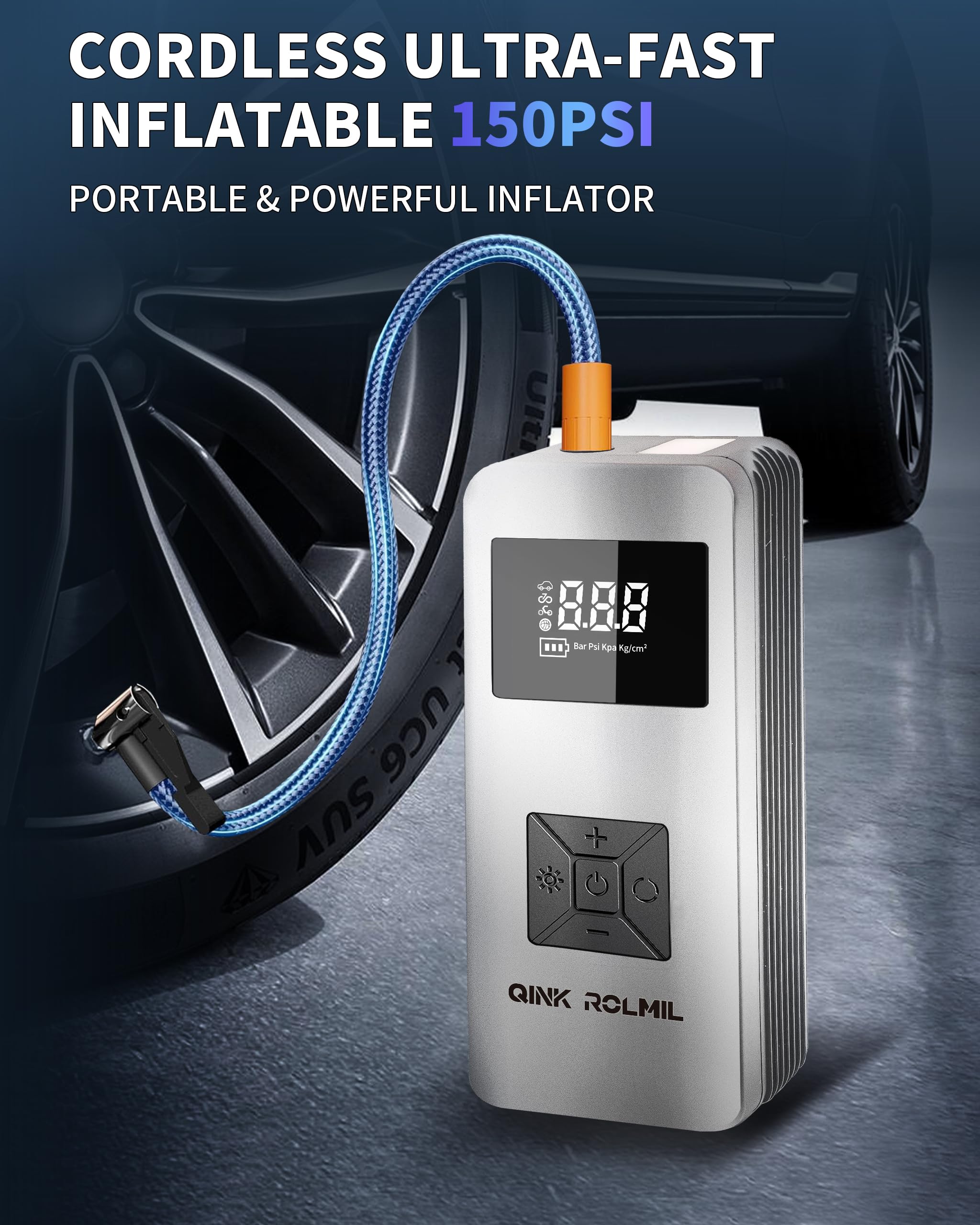 Arrancador de salto con compresor de aire, batería automotriz de 12 V 8000 A (gas de 6.0 L y 3.0 L diésel), bomba infladora de neumáticos de 150 PSI para automóvil, motocicleta y bicicleta