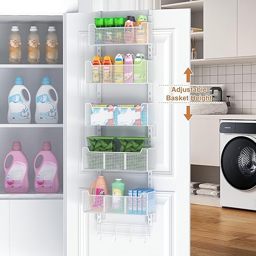 Miniatura 2 de Organizador de puerta para colgar sobre la puerta, organizador de puerta de metal con 5 cestas ajustables y gancho para abrigos, almacenamiento