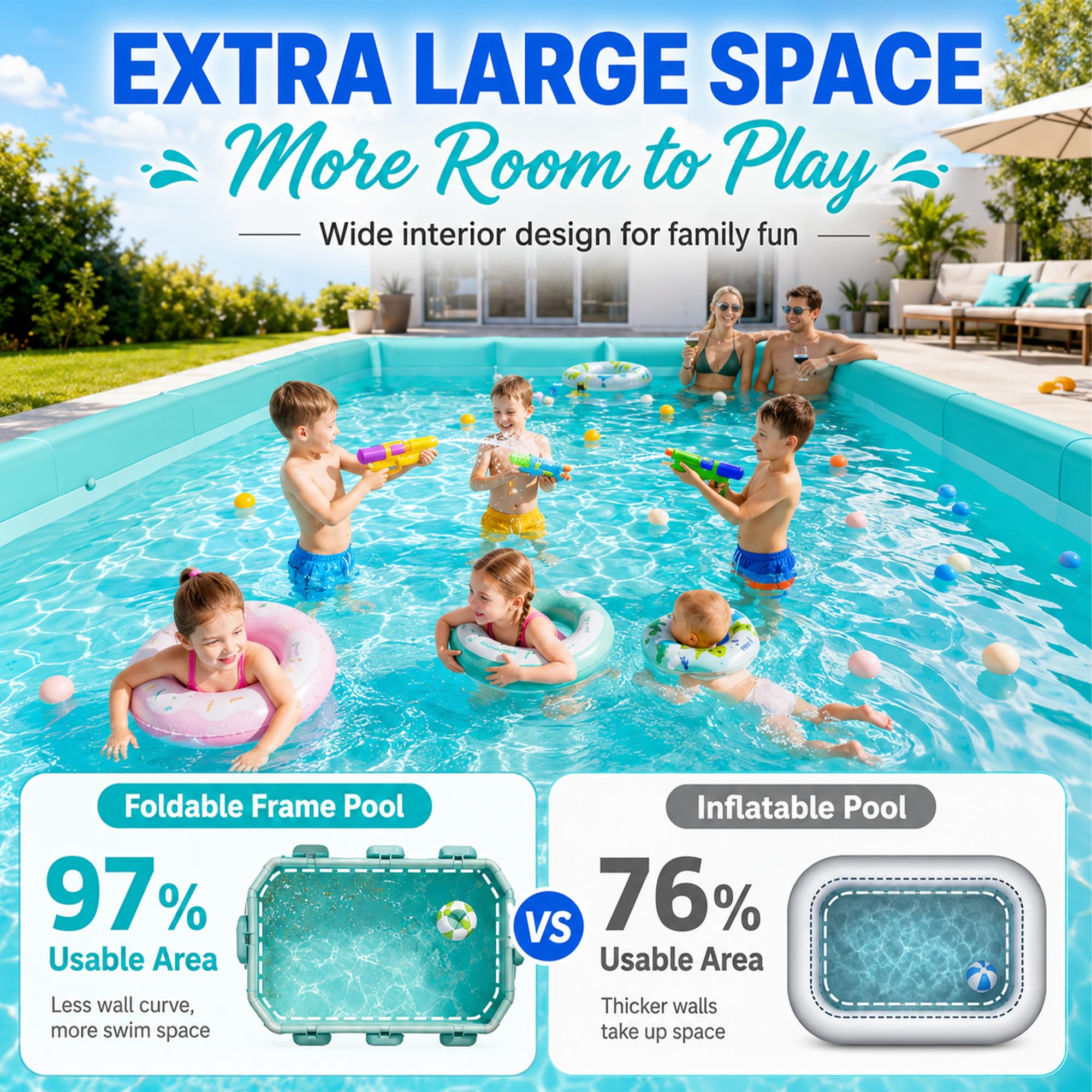Piscinetta fuori terra rettangolare non gonfiabile, vasca richiudibile | Vasca autoportante senza pompa aria con scarico doppio, PVC piscina portatile per bimbi adulti(B,160cm/63in)