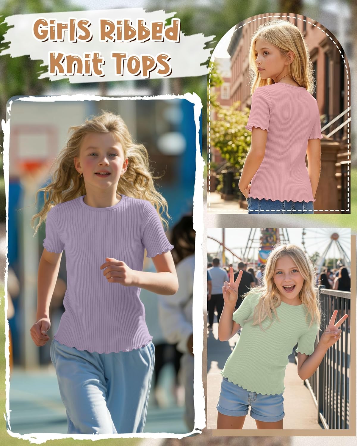 5 Pack Girls T Shirts Short Sleeve Cute Ribbed Tops Lettuce Trim Crewneck Soft Stretchy Basic Tween Kids Tees 5-14Y
