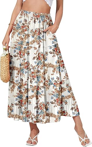 NASHALYLY Women's High Waisted Maxi Skirt,Elastic Chiffon Boho Long Skirt with P