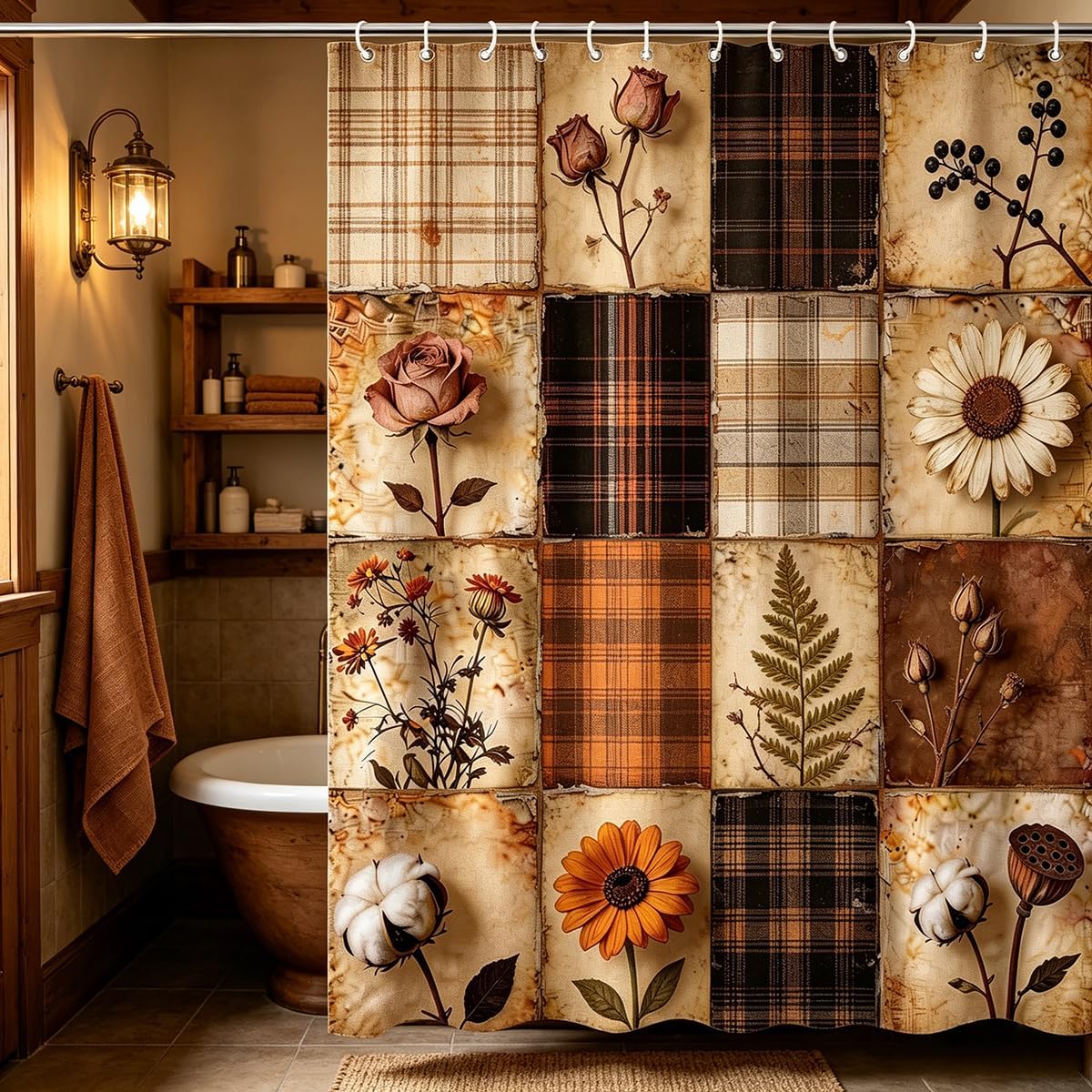 Boho Patchwork Floral Plaid Shower Curtain, Rustic Fall Botanical Print, Farmhouse Style Bathroom Decor Waterproof Fabric Shower Curtains Sets with 12 Hooks 72x72 Inch