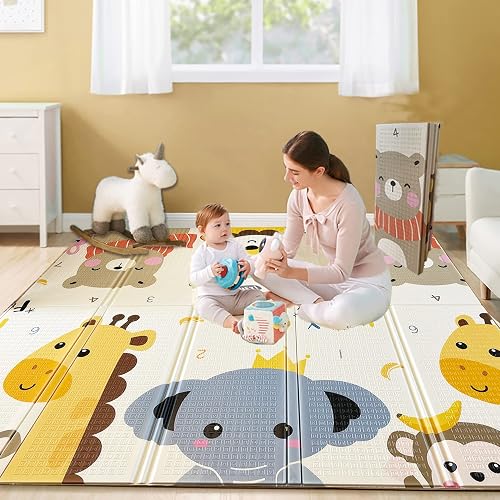 Baby Play Mat, Extra Large Folding Baby Crawling Mat, Waterproof Reversible Playmat Foam Non Toxic Anti-Slip Portable Kids Play Mat for Infant, Toddler (Animal world, 70in*78in*0.4in) - Animal World - 70in*78in*0.4in