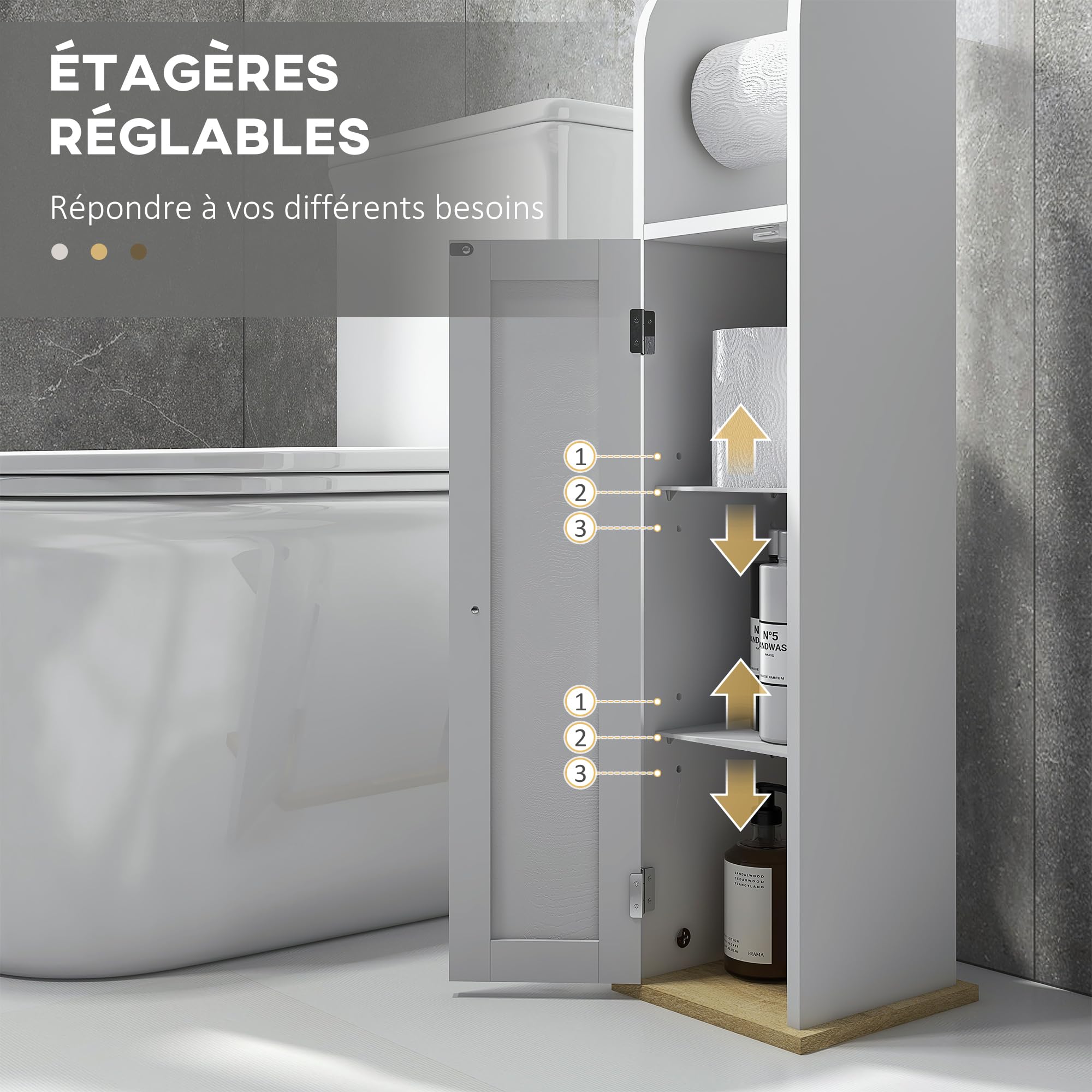 kleankin Meuble de Salle de Bain Support Papier Toilette avec Placard et étagères réglables 20 x 20 x 80 cm Blanc