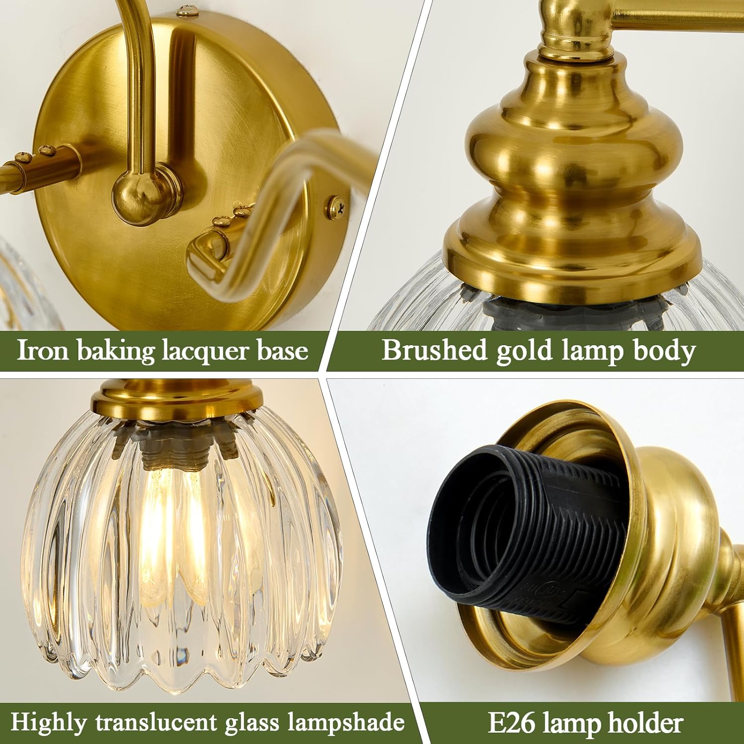 Vintage Bathroom Lights Fixtures 3 Lights Gold Vanity Light with Glass LampShade E26 Bulb Wall Sconce Indoor Vanity Light Over Mirror for Bedroom Kitchen Farmhouse Living Room