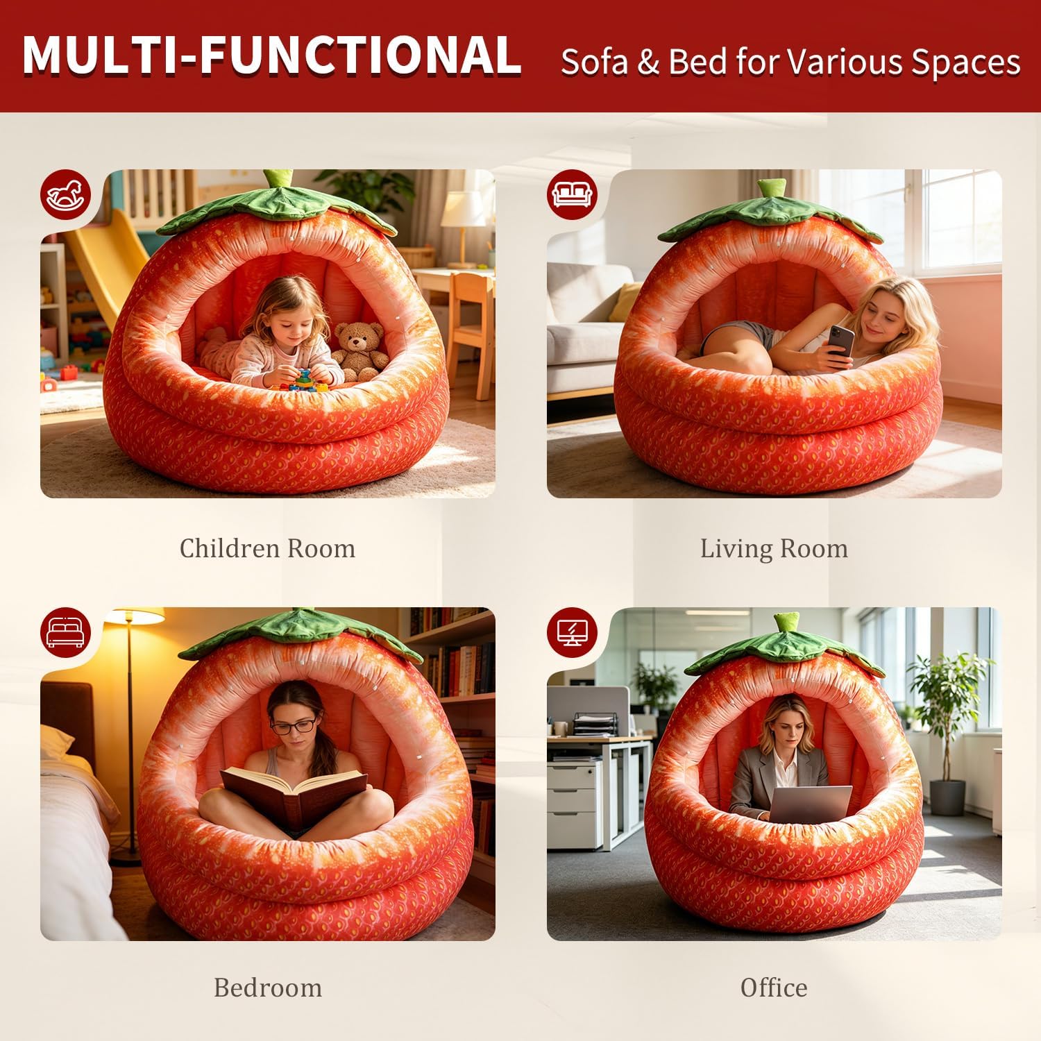 Large WOWO for Kids and Adults, Bean Bag Chair for Living Room, Children Room, Bedroom & Office, Huge Cattery and Kennel Lazy Sofa (Strawberry)