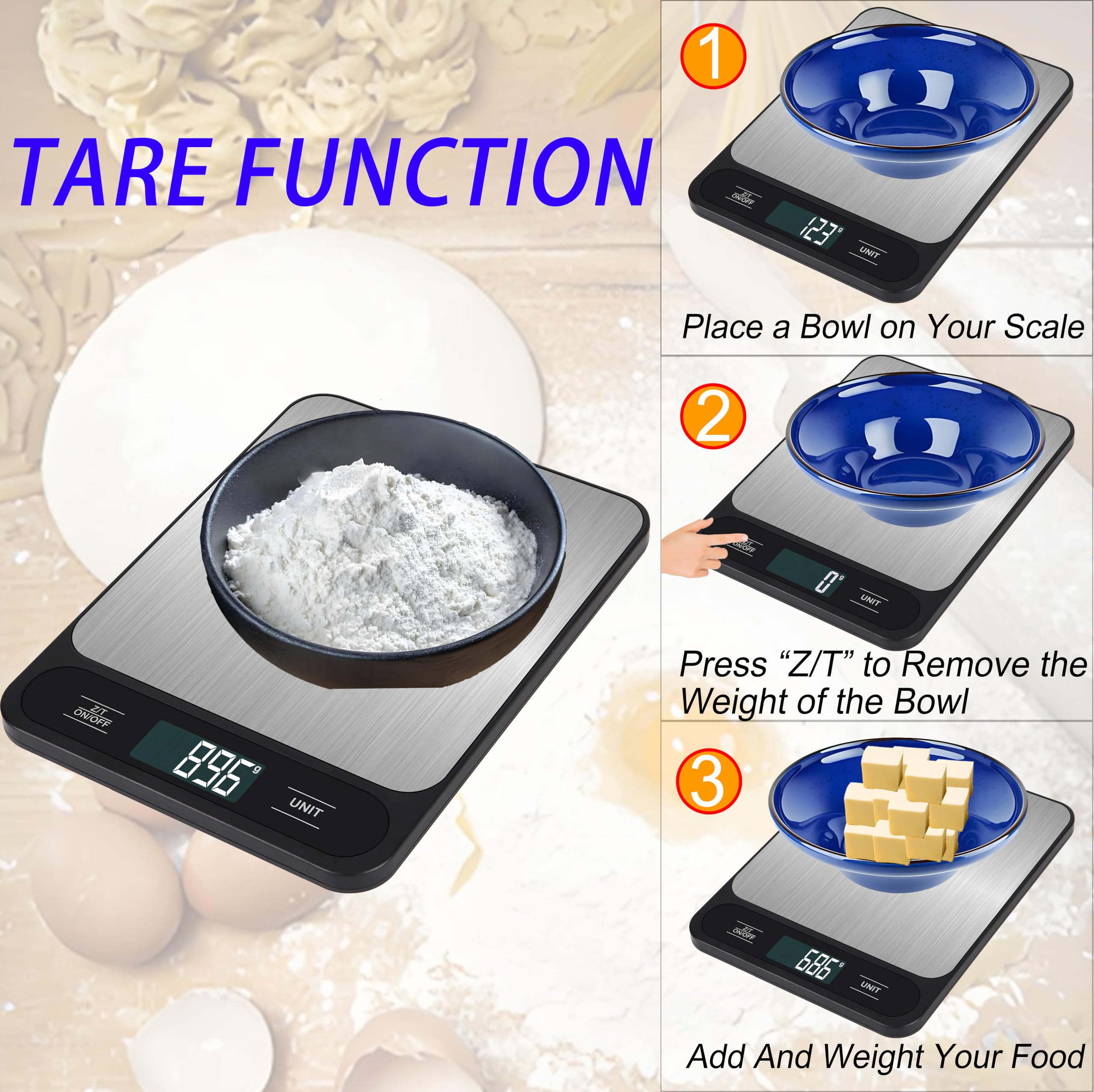 Báscula digital de cocina de 15 kg, báscula de alimentos, peso de alta capacidad en gramos y onzas para hornear, cocinar y preparar comidas, 6 unidades con función de tara, pantalla LCD, acero