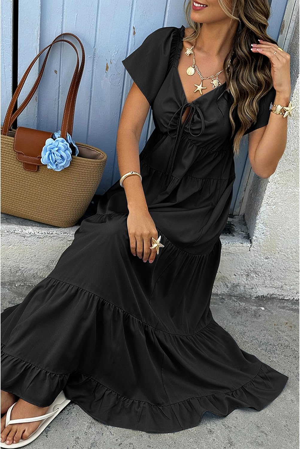 ECOWISH Womens Summer Maxi Dress 2026 Flutter Short Sleeve V Neck Tie Front Wedding Guest Vacation Tiered Flowy Dresses - Image 3