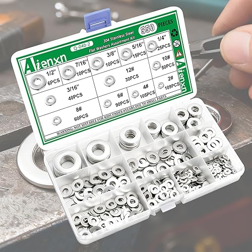 Miniatura 6 de Aienxn Kit de surtido de 550 piezas de arandelas planas, 12 tamaños SAE - 12, 716, 38, 516, 14, 316, 12#, 10#, 8#, 6#, 4#, 2#, (18-8) arandelas de