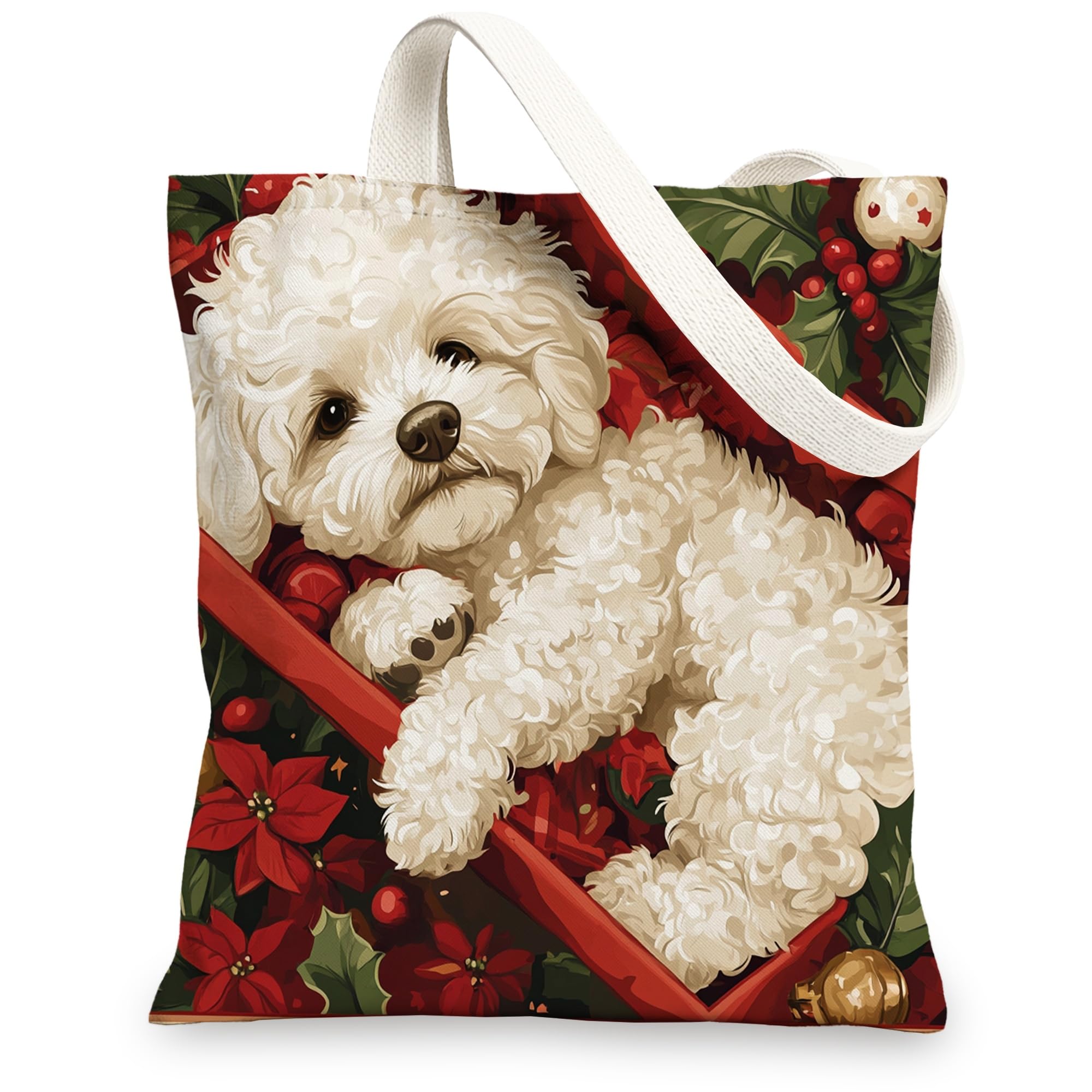 Christmas Bichon Frise Dog Canvas Tote Bag for Shopping 13 * 15, Vintage Xmas Poinsettia Puppy Reusable Grocery Bag for Women, Fun Retro Aesthetic Painting Gift Decoration