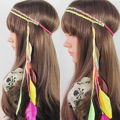 Miniatura 3 de Diadema de plumas bohemias, bandas para el pelo de hojas indias hippie, con borlas, aros bohemios para el cabello, diadema para mujer, Halloween,