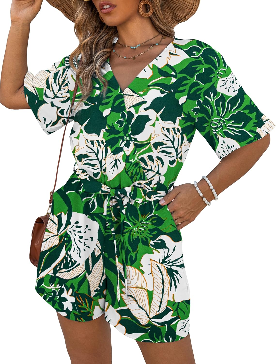 REDHOTYPE Women's Summer Rompers V Neck Lightweight Swimsuits Floral Vacation Outfit Casual One Piece Jumpuits （S-XL）