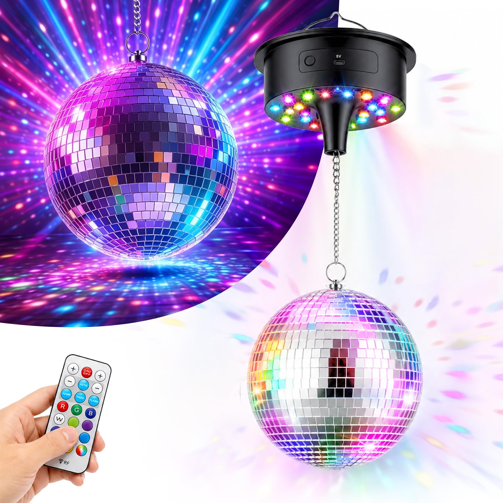 20CM Boule à Facettes avec 30 LED, Boule Disco Lumineuse Rotative, 6 tr/min, Alimentation par Piles ou Cordon d'Alimentation, Suspendre, Idéale pour Fête, Soirée Disco, Décoration de Maison, Bar