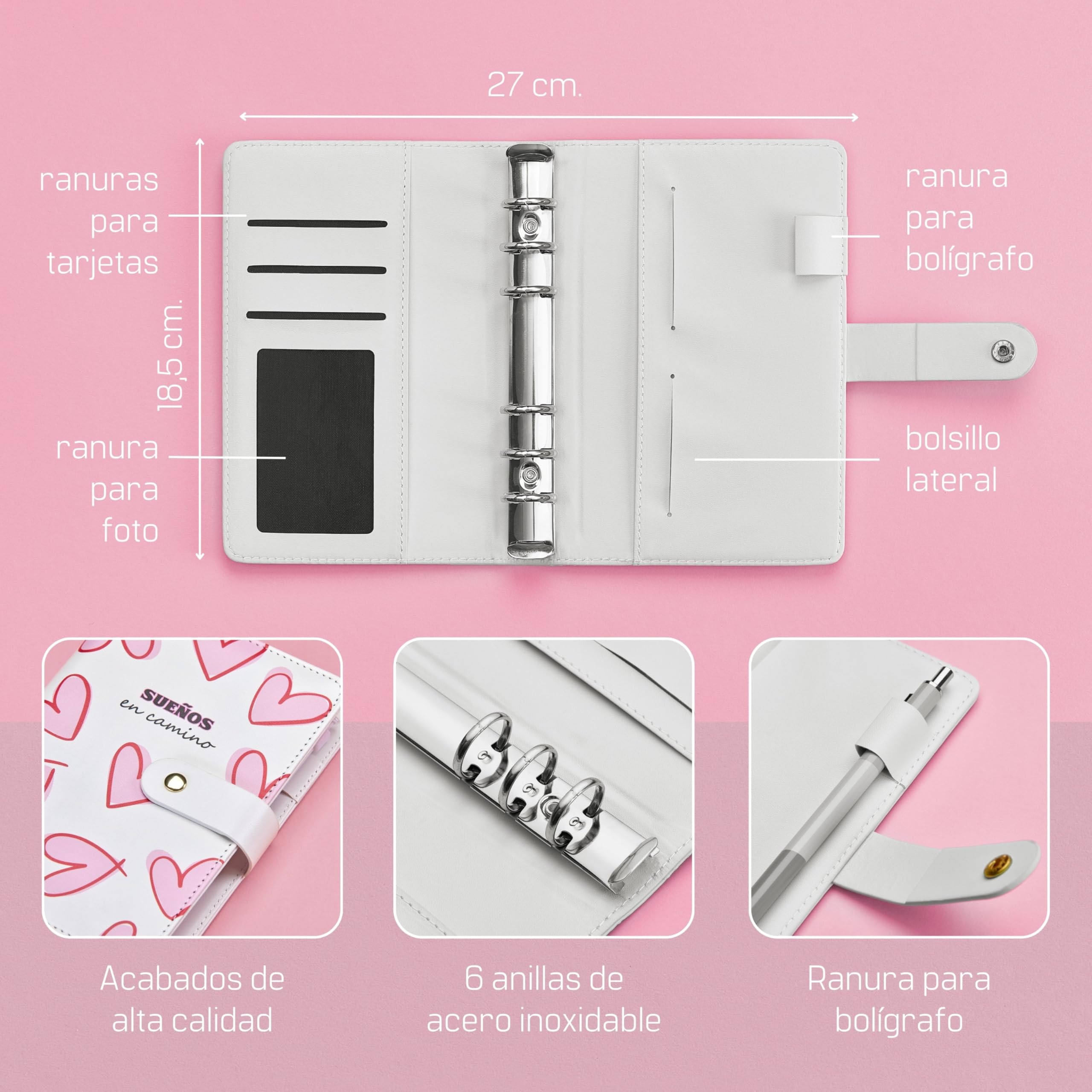WHEN PIGS FLY Libreta de Ahorro A6 Español - Cuaderno de Ahorro con Sobres - Carpeta de Dinero - Organizador de Dinero - Carpeta de Ahorro (Blanca Corazones)