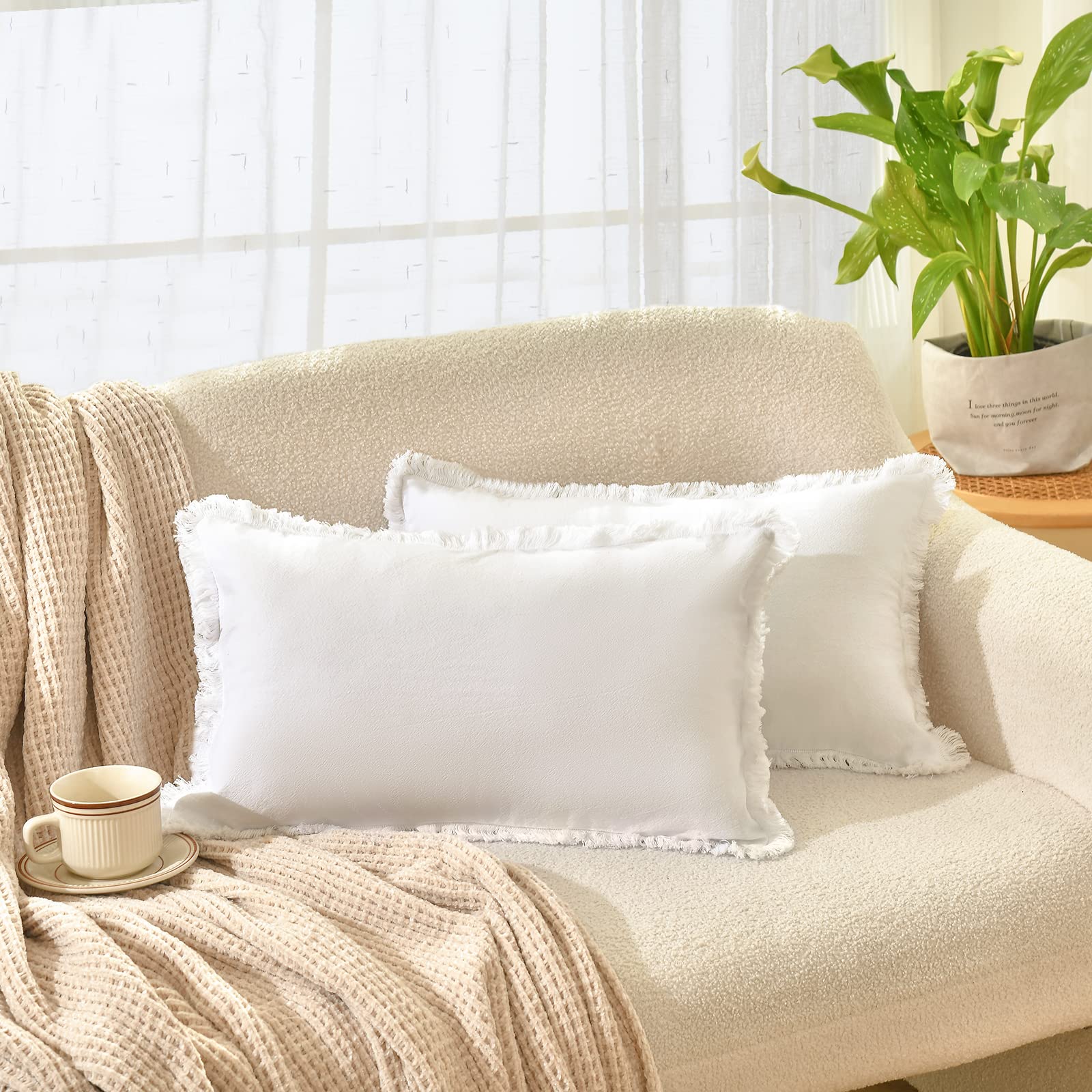 ZWJD Pillow Covers 12x20 Set of 2 Cream Throw Pillow Covers with Fringe Chic Cotton Decorative Pillows Square Cushion Covers for Sofa Couch Bed Living Room Farmhouse Boho Decor