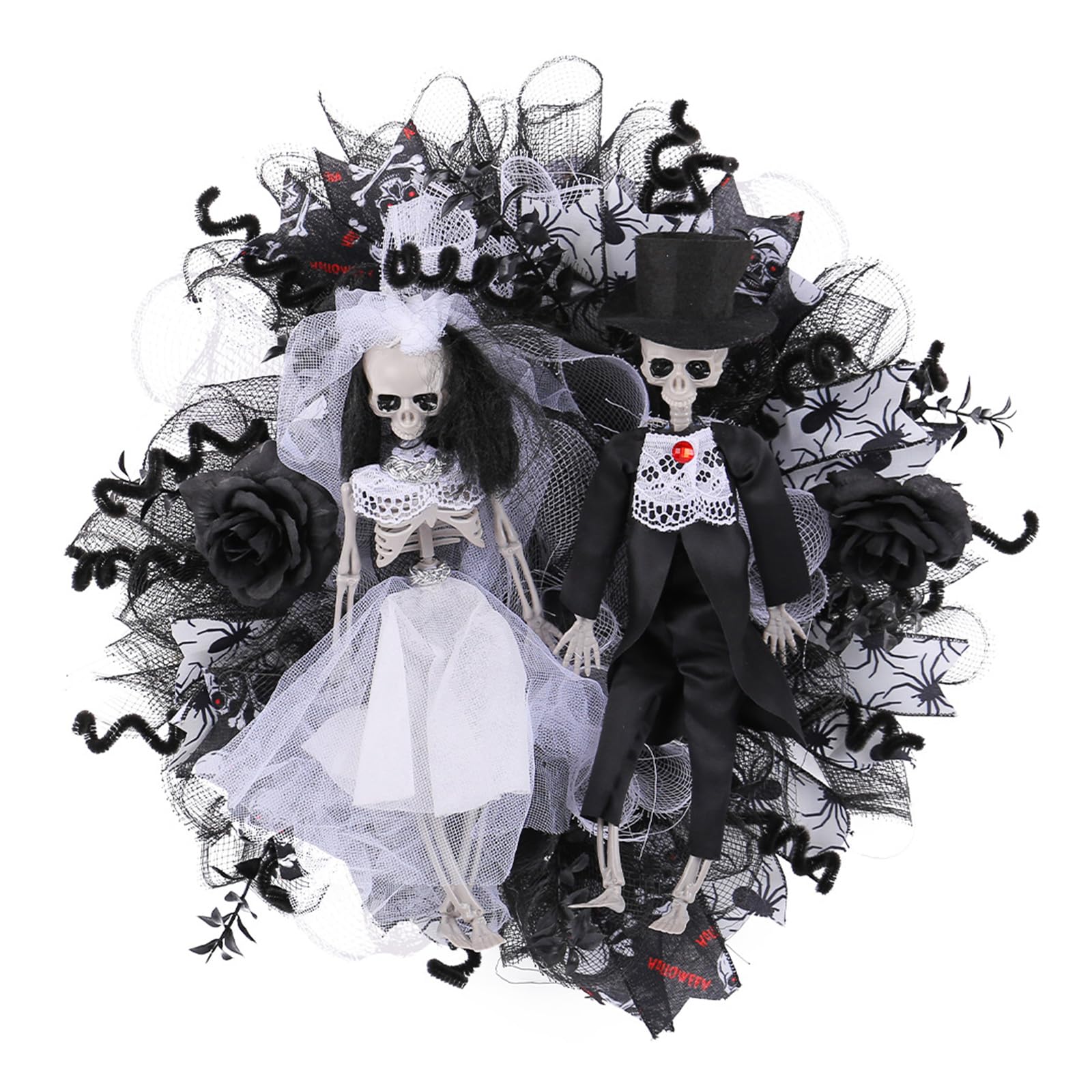 carotoe Skull Bride Grooms Halloween Wreath Front Door Wreath Hanging Ornament Decorative Seasonal Holiday Decors Indoor Wall Hanging Holiday Decors