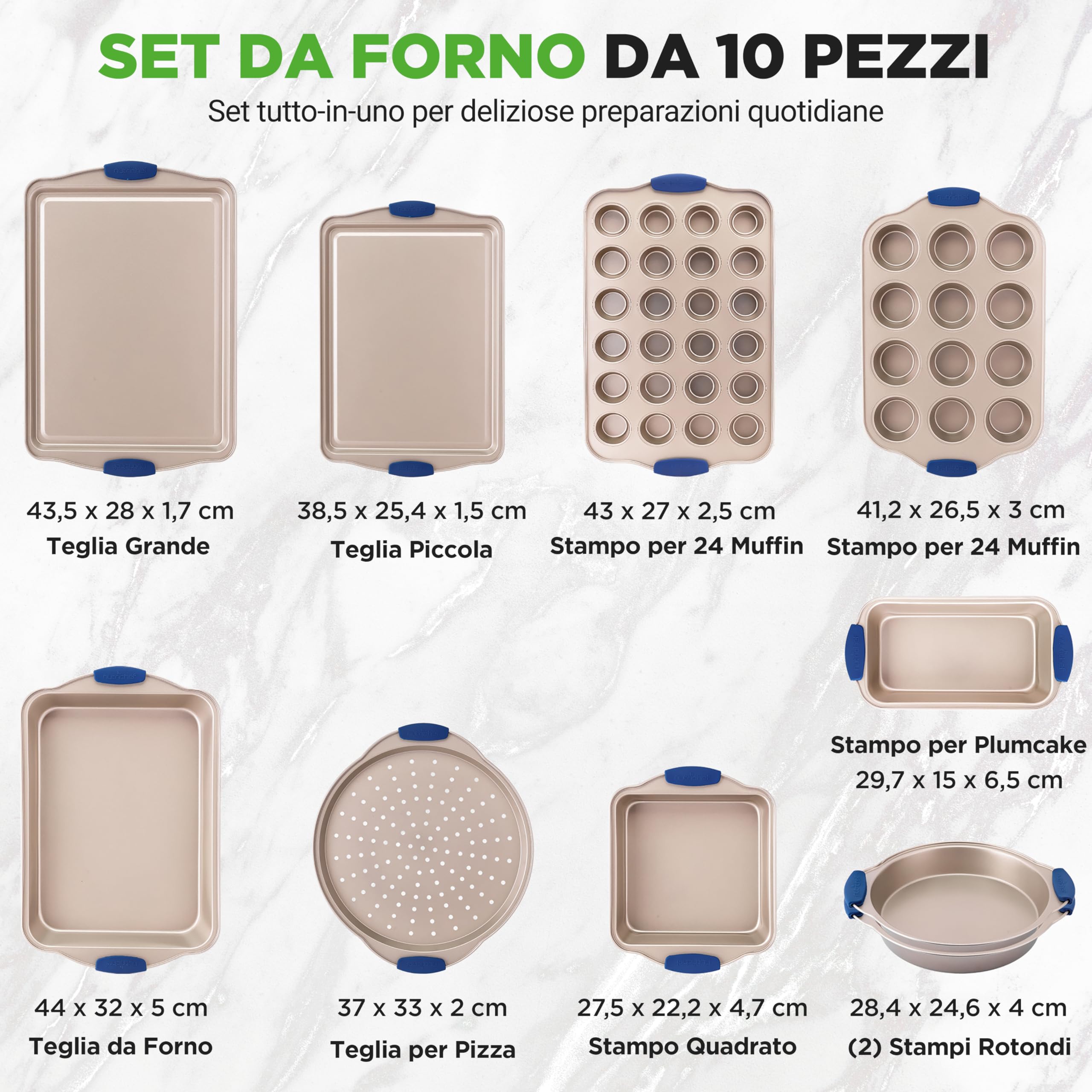 NutriChef Set 10 Pezzi Teglie Forno Antiaderenti in Acciaio al Carbonio con Manici in Silicone, Teglie da Forno per Pizza, Pane, Dolci, Torta, Biscotti, Stampo Muffin e Stampo Plumcake