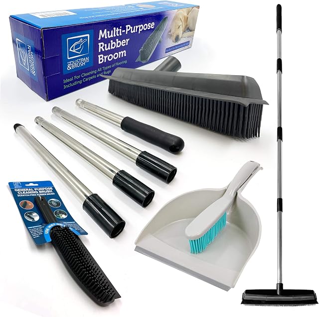 Rubber Broom Long Handle Push Broom Rubber Bristles Sweeper Squeegee with Scratch Free Bristle Broom for Pet Cat Dog Hair Ideal for Cleaning Carpet Hardwood Tile Windows Clean Water Resistant