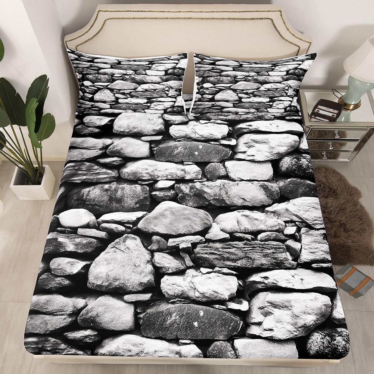 Homewish Set di biancheria da letto per letto matrimoniale, decorazioni medievali per feste, per adolescenti, motivo mattoni, tema rock, nero, grigio, con lenzuolo superiore con angoli, 4 pezzi