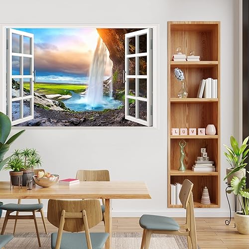 Miniatura 6 de Calcomanías de pared falsas 3D de cascada de bosque, mural de montaña natural, calcomanías de pared para sala de estar, dormitorio, comedor,