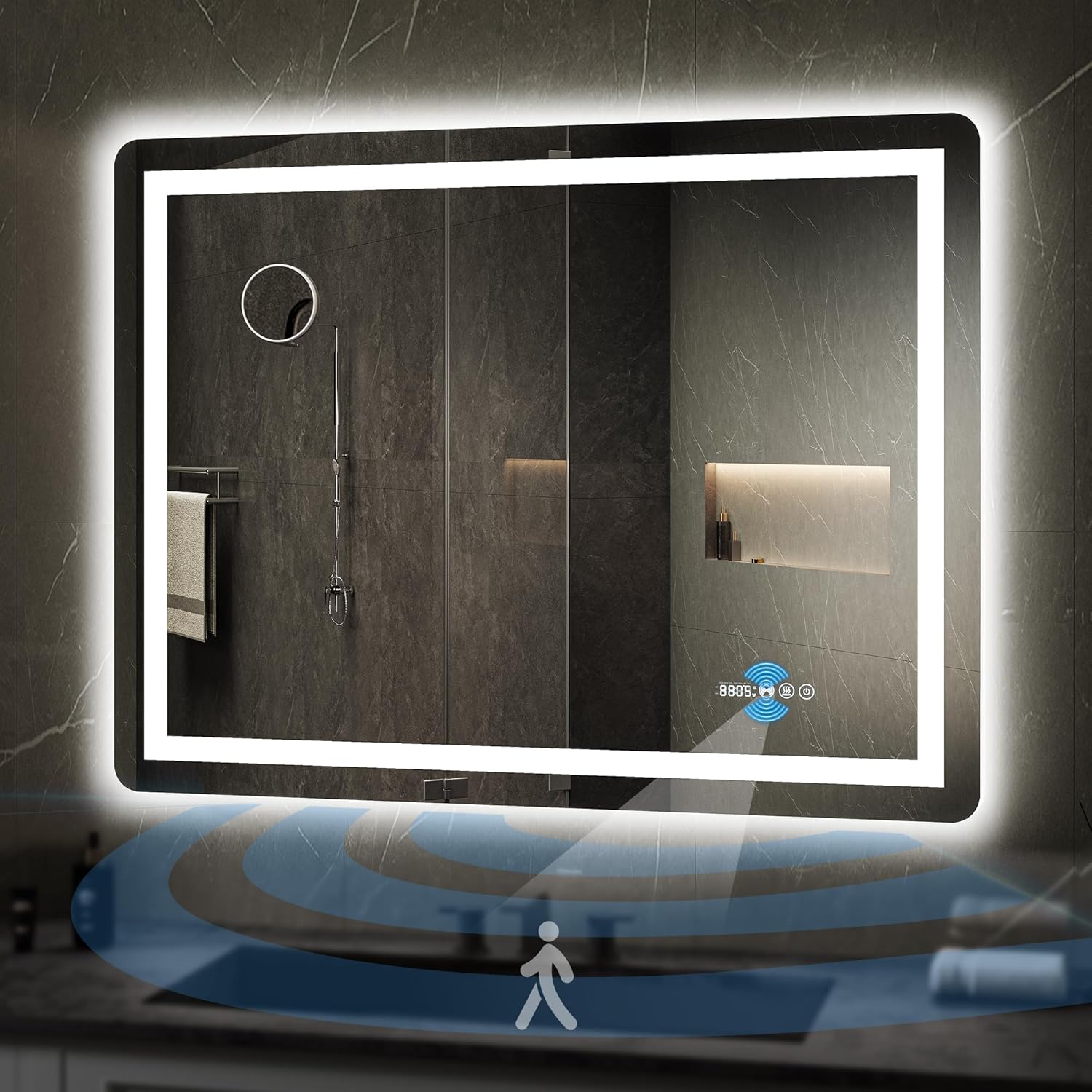 YITAHOME 40 x 32 Inches LED Bathroom Mirror, Front Light and Backlit, Motion Sensor, 10X Magnifying Glass, 3 Colors Dimmable, 5mm Tempered Glass, Anti-Fog, Wall Mounted Mirror-Horizontally Only