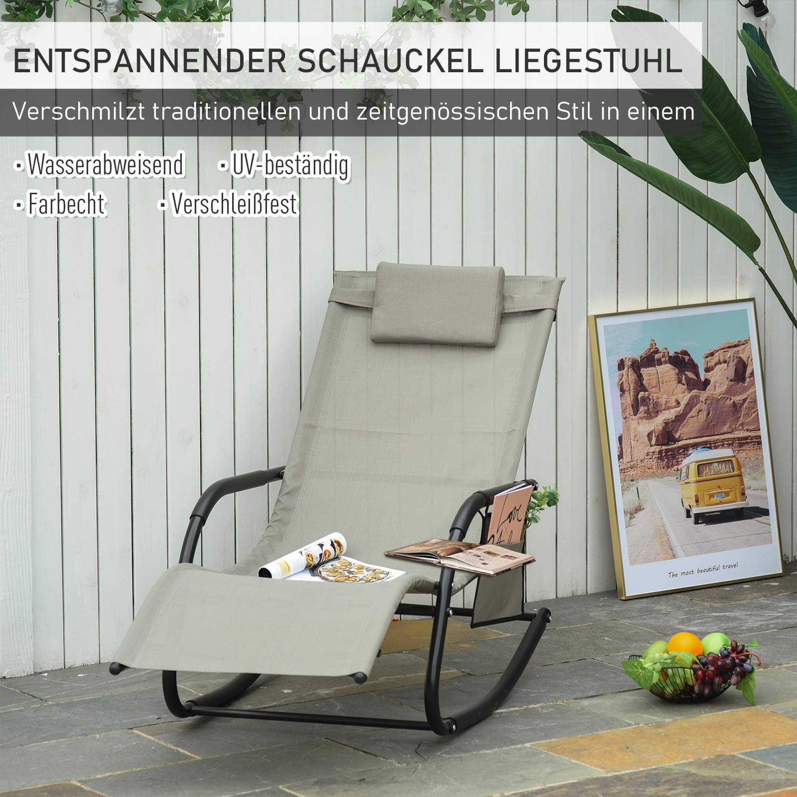 Outsunny Schaukelstuhl Schwingsessel Gartenstuh Schaukelliege Metall Mesh Schwarz+Hellgrau 150 x 62 x 88 cm