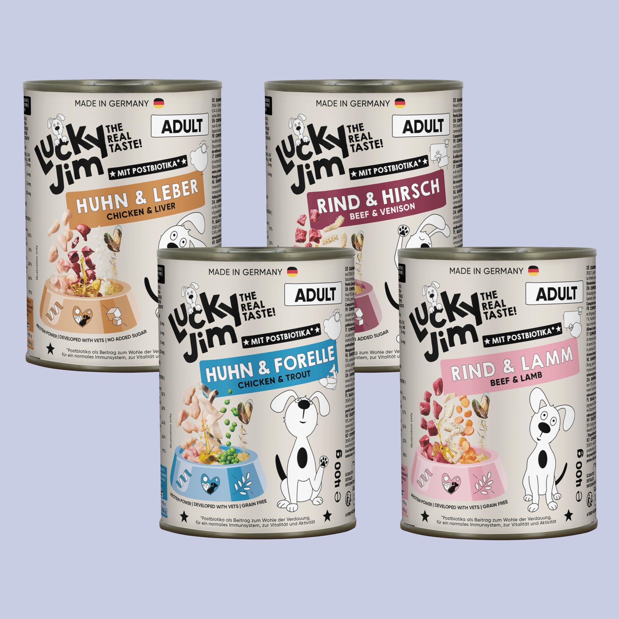 LUCKY JIM Huhn & Rind Mix Hundefutter nass - 24 x 400g Dosen - Nassfutter für Hunde, ohne Zuckerzusatz & mit Postbiotika für die Verdauung, Made in Germany - mit Tierärzten entwickelt
