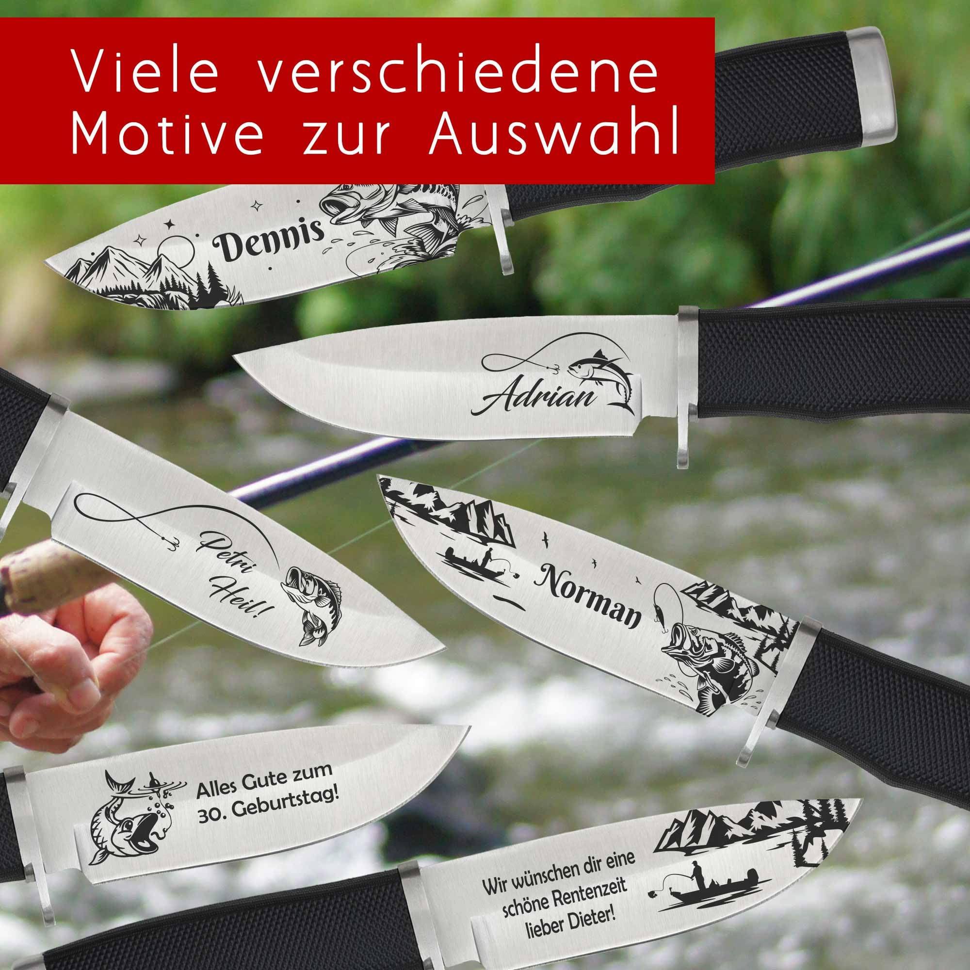 ADAM WILD Angelmesser mit Gravur | Angelzubehör & Geschenk für Angler | Personalisiertes Anglermesser mit Name & Motiv graviert | gummierter Griff & Messertasche aus Nylon | für Angeln & Outdoor