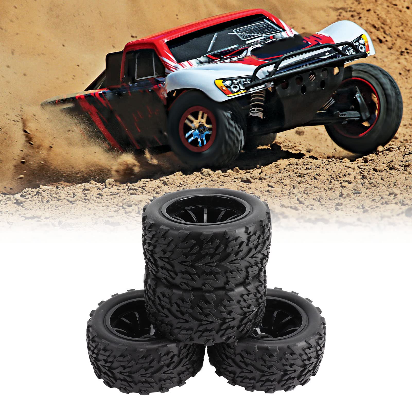 Socobeta Roues et Pneus RC 1/10, 4 Pièces RC Pneus de Voiture en Caoutchouc Noir RC Pneus et Roues Ensemble de Jantes Compatibles avec TRAXXAS Slash RC Short Course Truck 1/10