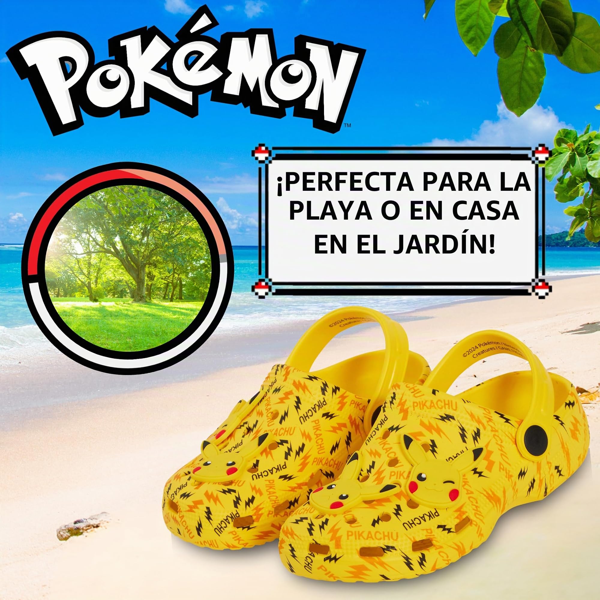 Pokémon Zuecos Pikachu con Charms, Sandalias para niños, Chicos y Chicas, Sliders de Verano con Correa en el Tobillo, Zapatos de Playa para Las Vacaciones