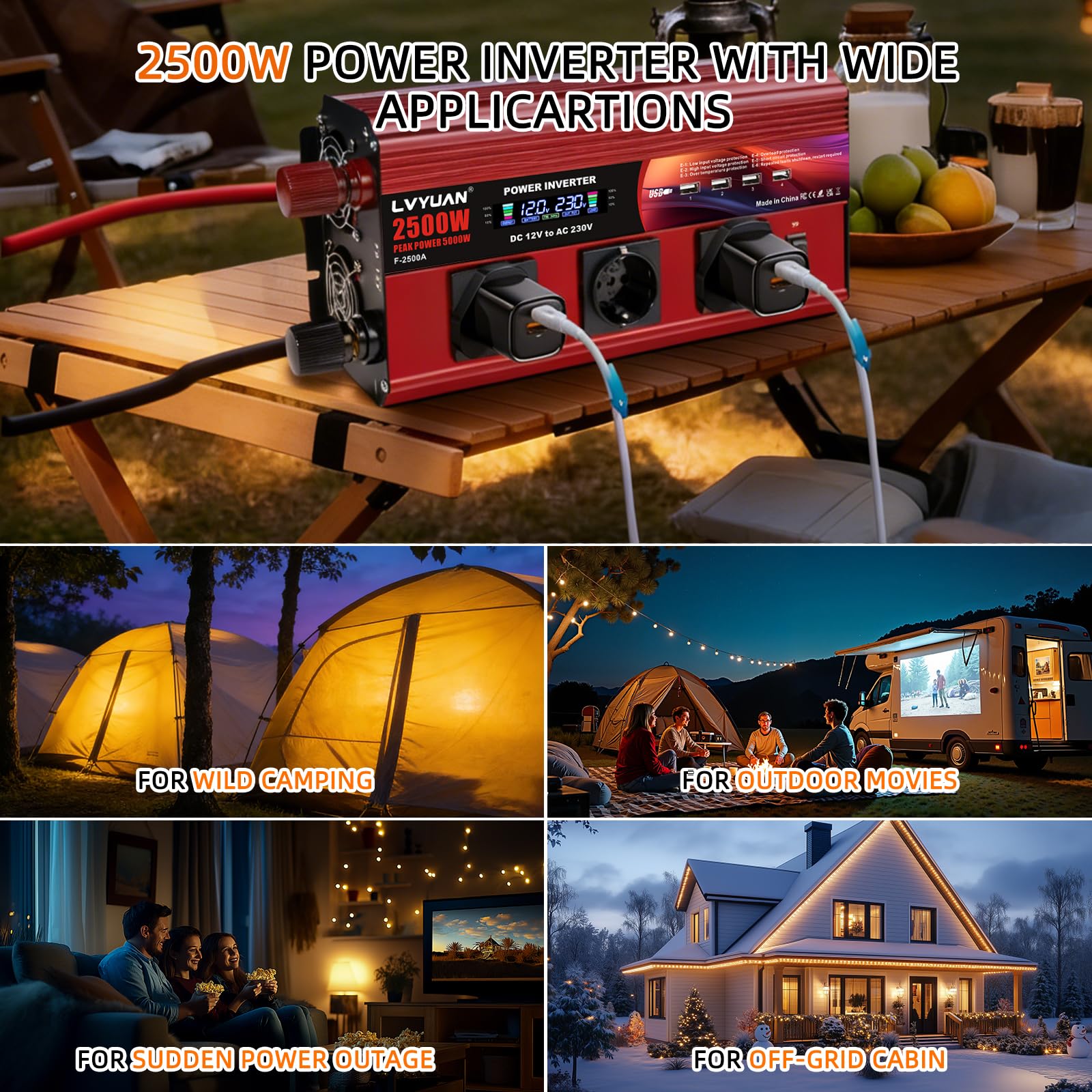LVYUAN 2500W/5000W Wechselrichter DC 12V auf 230V AC Spannungswandler Konverter mit Fernbedienung, LCD, 4 USB Ports, 3 AC Steckdose für Outdoor, Notstromausfall