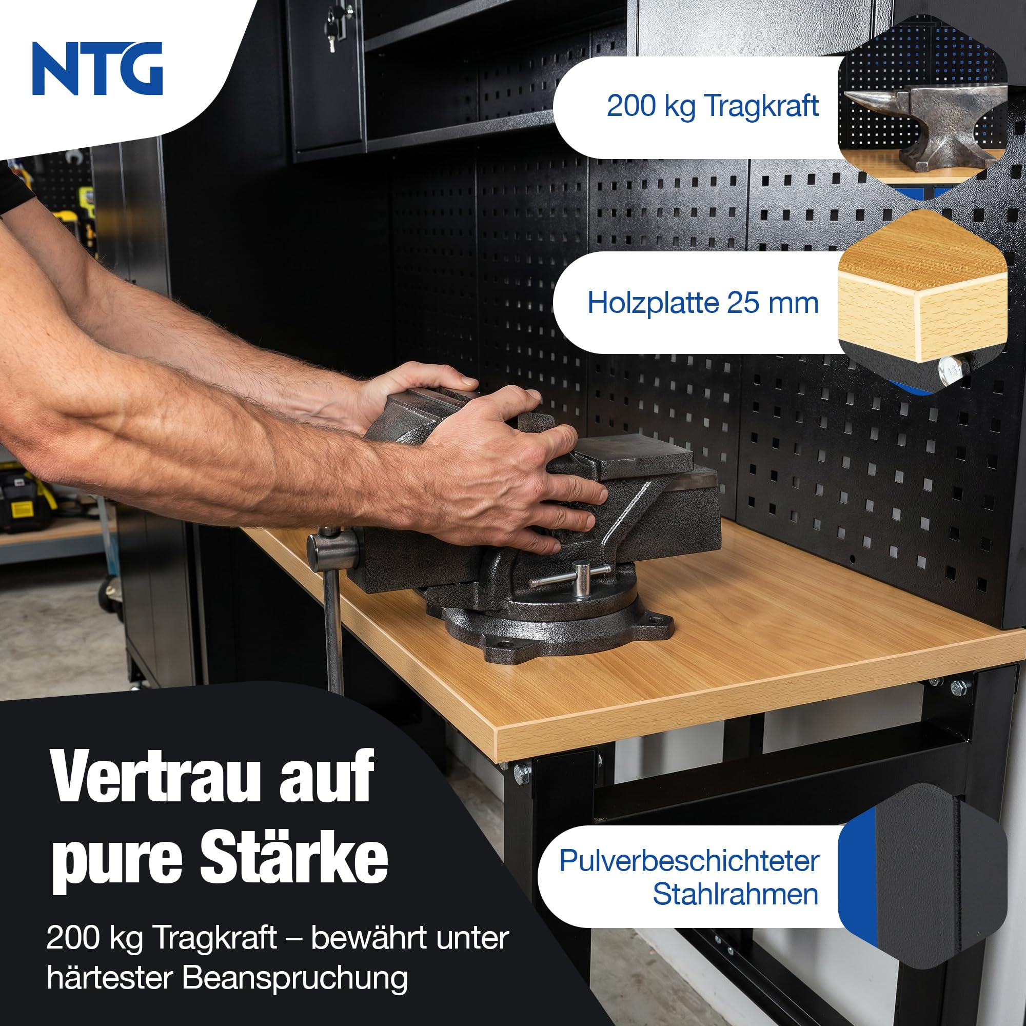 NTG Juego completo de pared de taller XL, 210 cm, banco de trabajo con elementos de carro de taller y pared perforada, instalación modular para taller con armarios de herramientas, placa de trabajo de