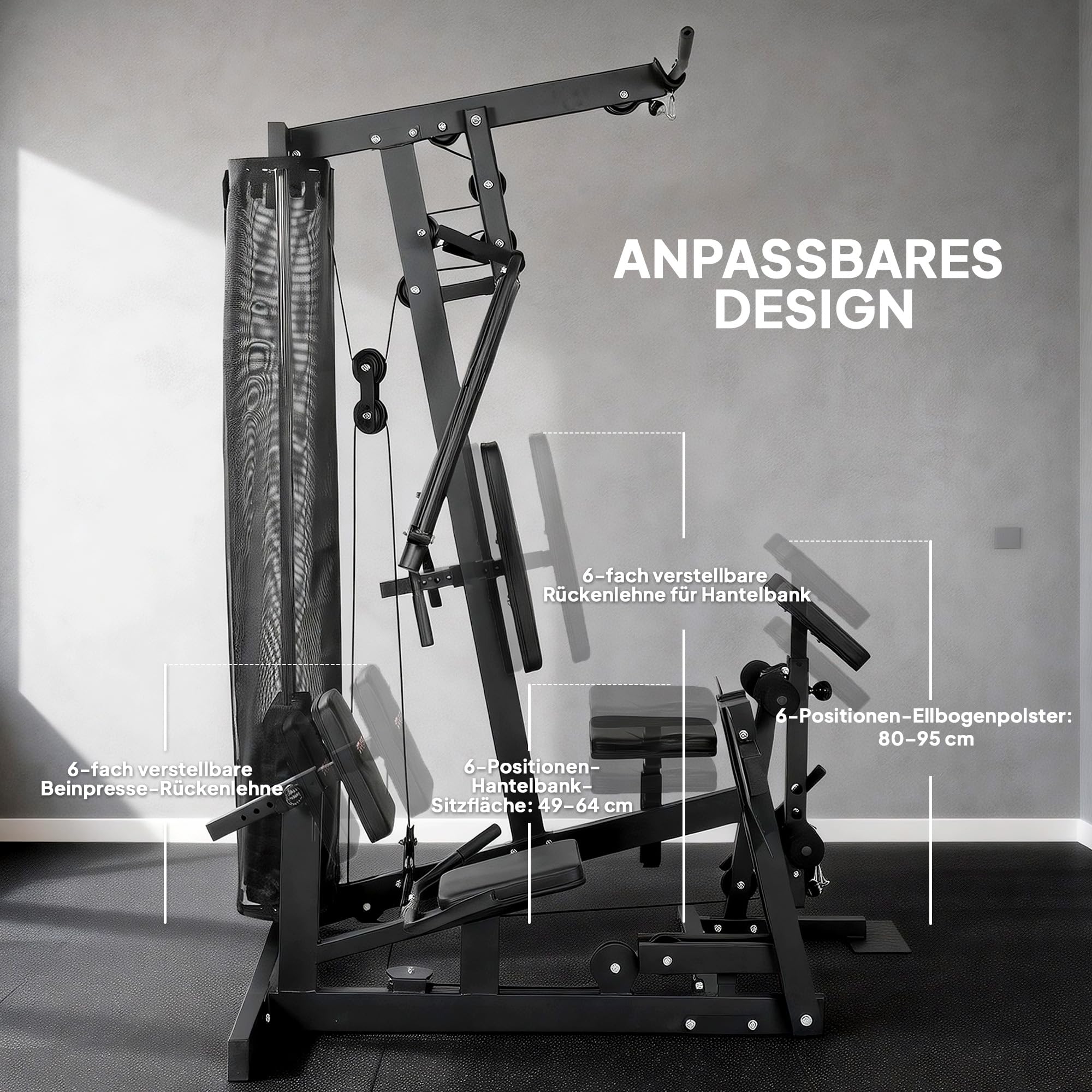 SPORTNOW Kraftstation mit Latzug Butterflystange 65kg Gewichten Seil | Fitnessstation, Beinpresse, Multifunktion Krafttraining, bis zu 120kg Belastbar, Trainingsstation für Zuhause