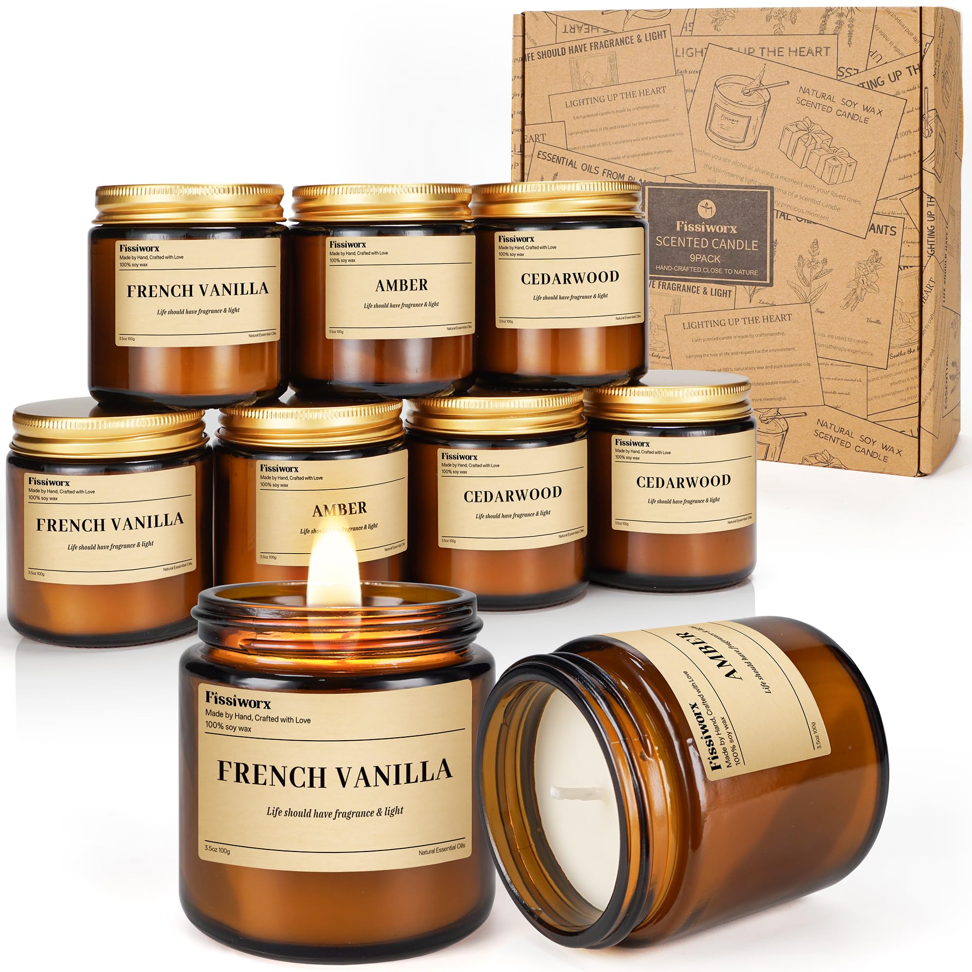 Confezione da 9 candele di soia profumate per la casa, (vaniglia/ambra/legno di cedro) di lunga durata, 270 ore, candele profumate naturali, regalo per donne e uomini, compleanno, festa della mamma