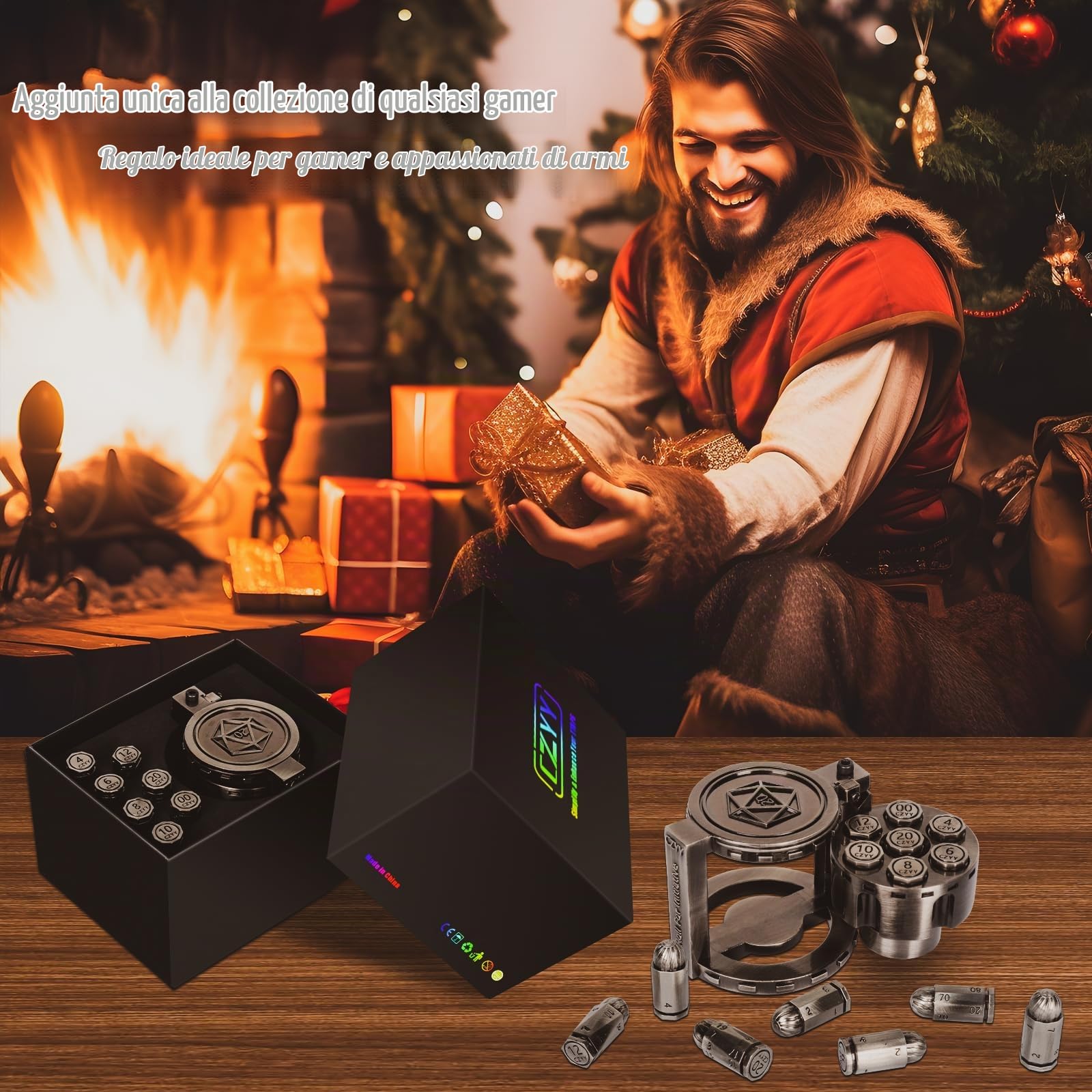 Set di 7 cilindri in metallo poliedrici con revolver rotante, set di dadi stile Cyberpunk per giochi da tavolo a tema D&D, Sci-Fi, War o Crime (argento)