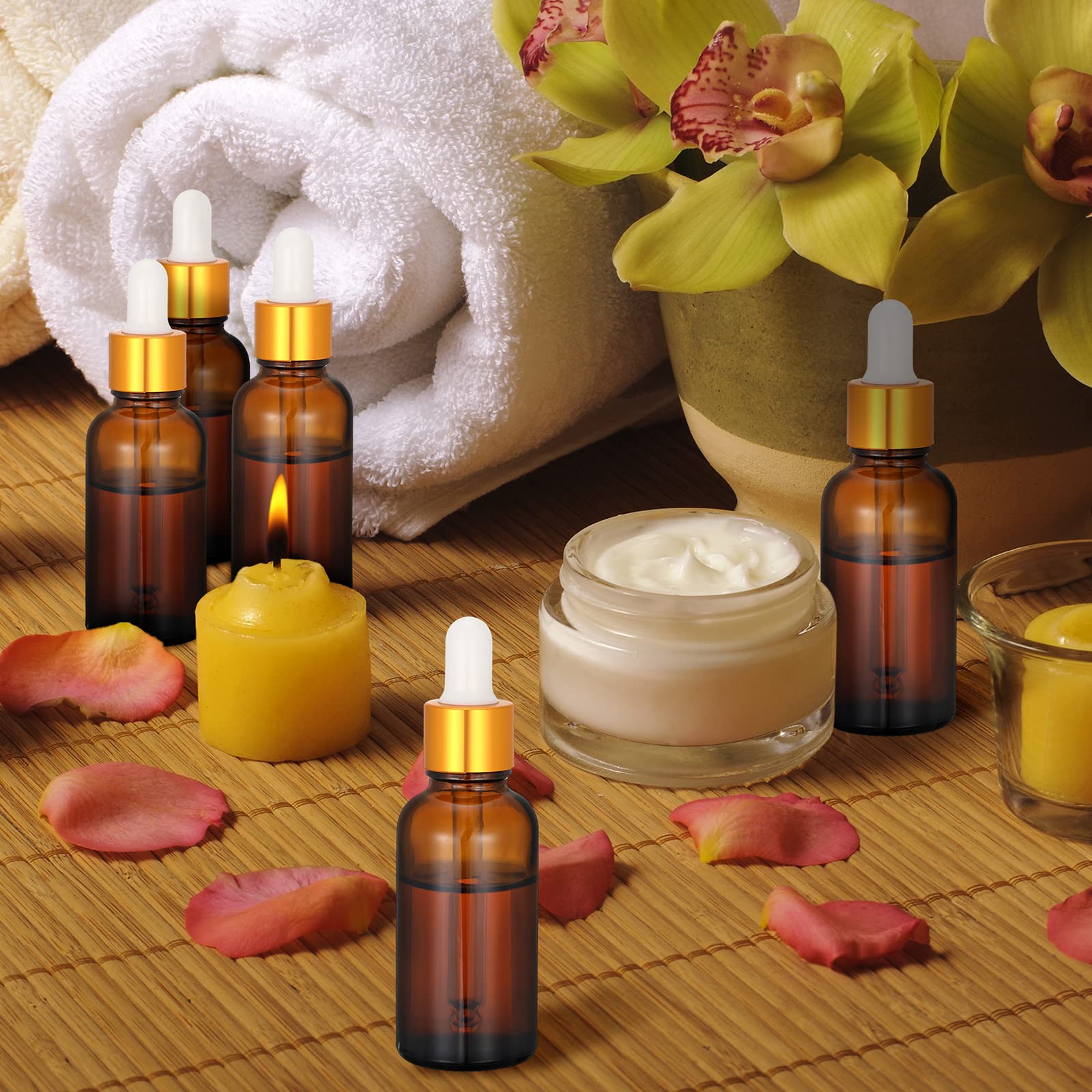 100 Stück Glas-Tropfflaschen, 28.3 ml, ätherisches Öl, Tropfflaschen, mit Etiketten und Trichtern, goldene Kappen, leere Tinkturflaschen, Kosmetik, Reise-Flüssigkeitsbehälter mit Tropfen (Bernstein)