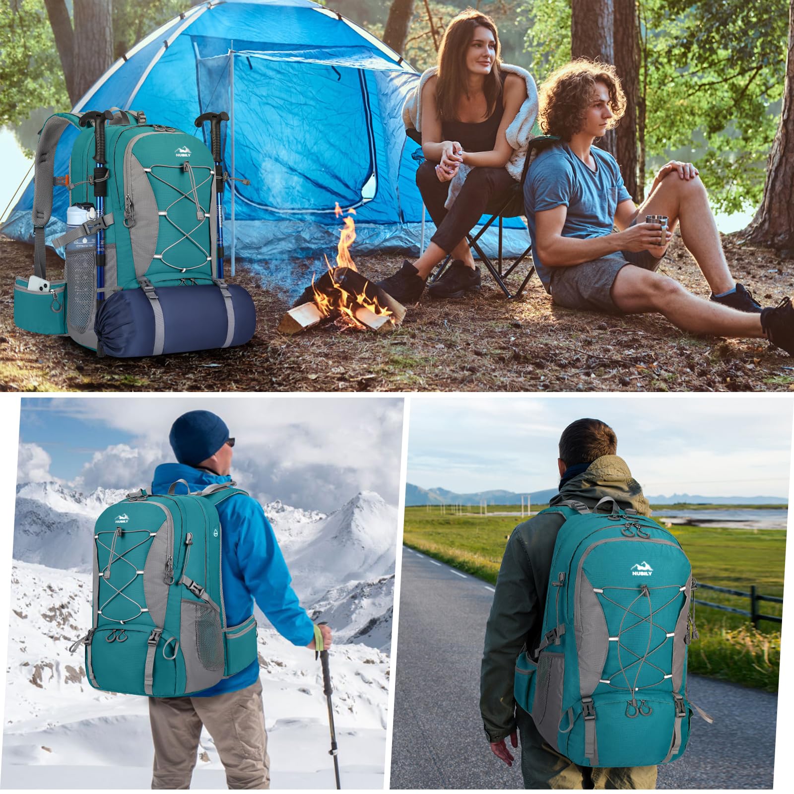 NUBILY Zaino Trekking 50L Impermeabile Montagna Uomo Escursionistico Donna Leggero da Viaggio Alla Moda Outdoor Campeggio Blu Verde