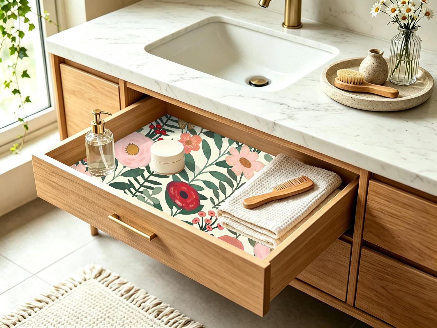 Self Adhesive Shelf Liner Kitchen Pantry Plastic Drawer Liners Beige Pink