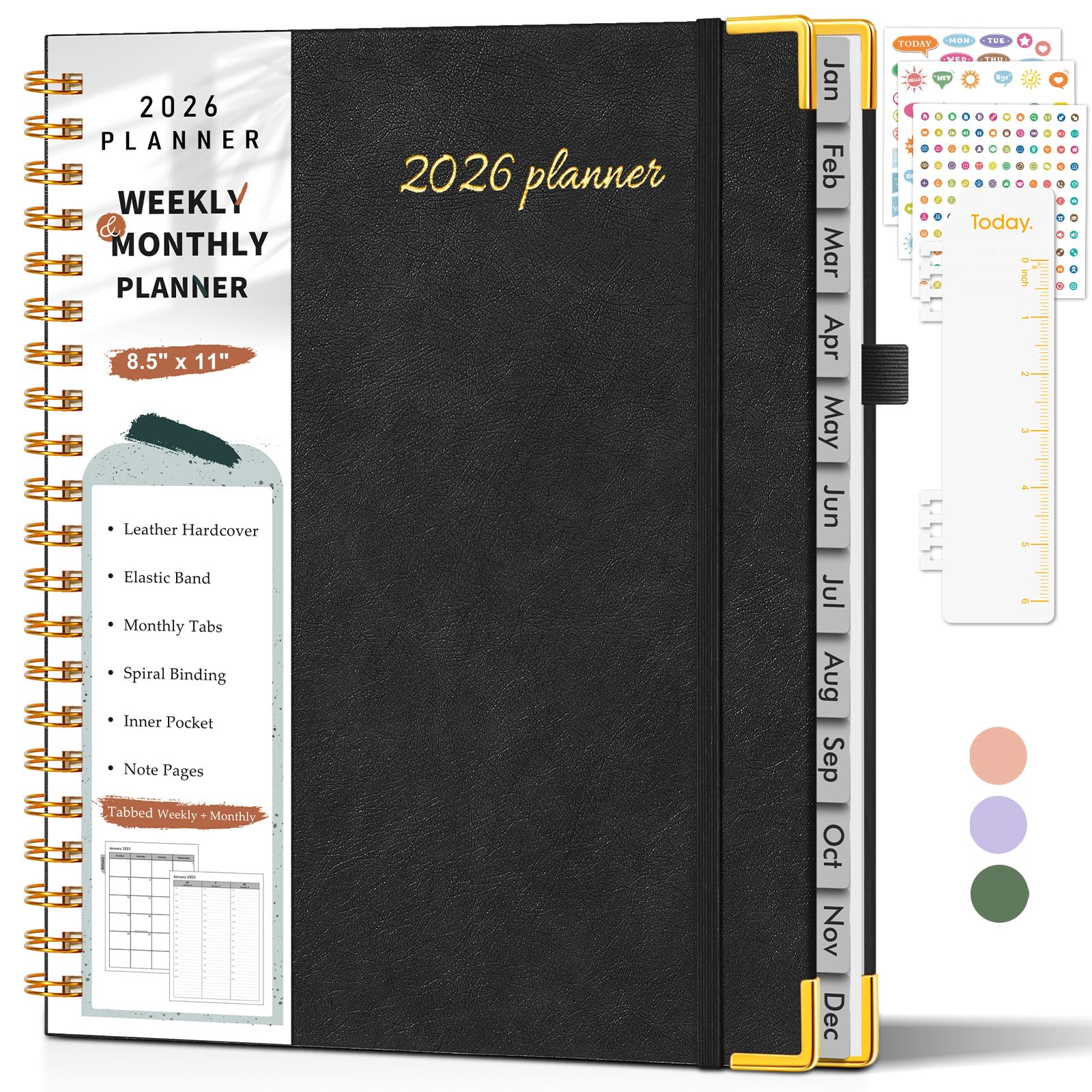 Planer 2026, planer tygodniowy i miesięczny od stycznia 2026 do grudnia 2026, 21,6 cm x 28 cm, twarda okładka, skórzany kalendarz godzinowy 2026 z zakładkami, spiralny kalendarz dzienny do szkoły