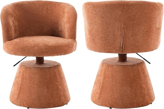 cinkehome Adjustable Height Swivel Dining Chair, 360 Rotating Upholstered Vanity Accent Chair with Ergonomic Barrel Back, Chenille Fabric Padded Seat for Dining Room Living Room, Orange, Set of 2