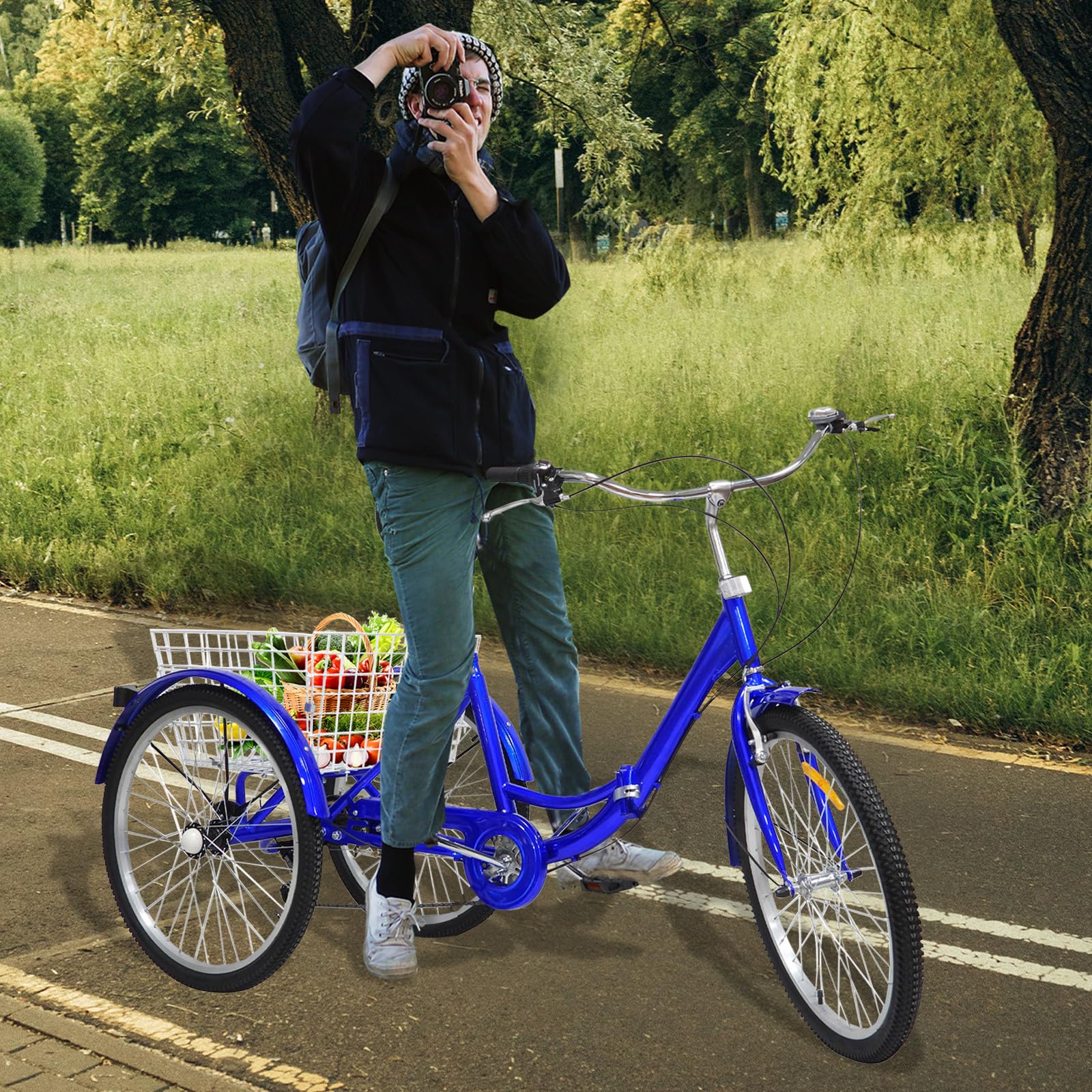 Triciclo Pieghevole Per Adulti 24 Pollici, 7 Marce Con Cestino E Schienale In Acciaio Al Carbonio, 3 Ruote Bicicletta (Blu)