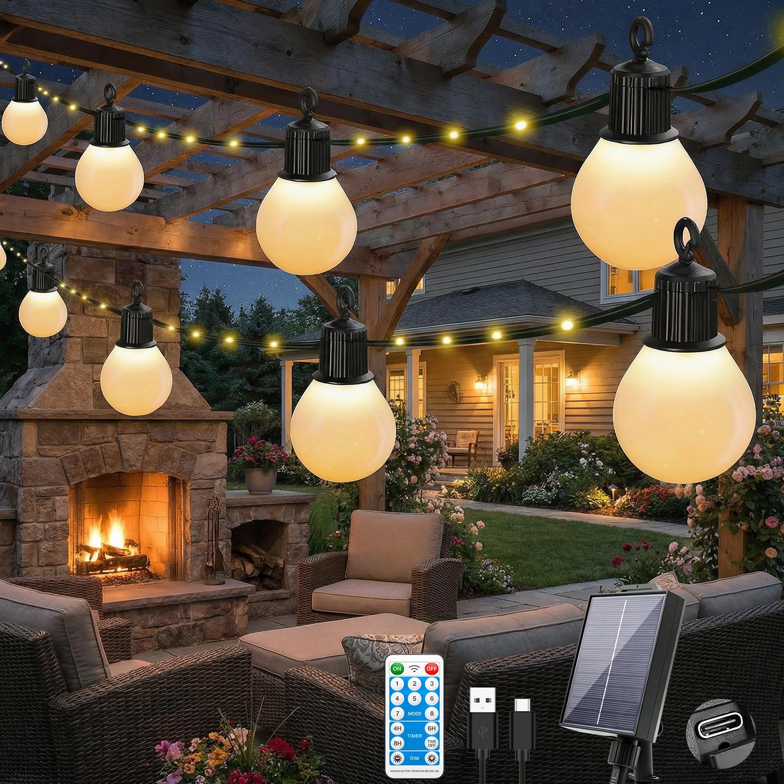 Liyade Solar Lichterkette Außen mit 20 G40 LED Glühbirnen - 10M 100 LED Dimmbar Solarlichterkette Aussen, 8 Modi USB & Solarbetrieben Wetterfest Lichterkette für Terrasse Garten Balkon (Warmweiß)