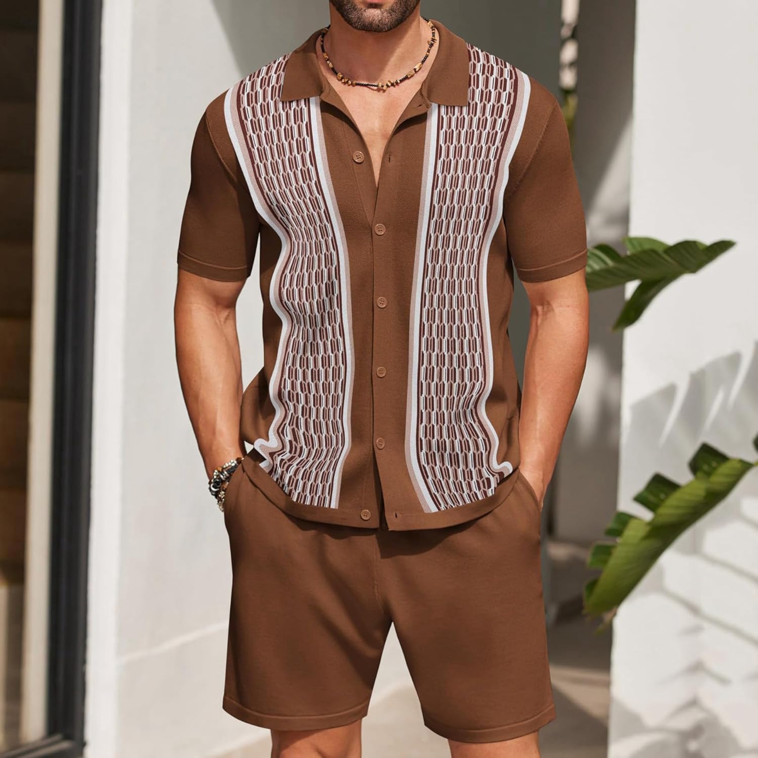 Men's 2 Piece Outfit Exquisite Jacquard Short Sleeved Polo Shirt Casual Beach Shorts Set Summer Summer Men Retro Set - Image 2