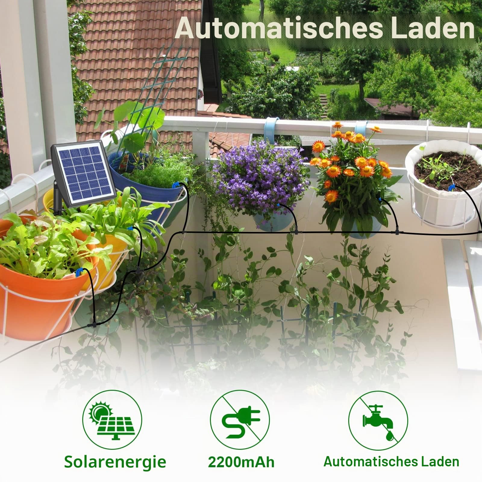 RISINGUP Solar Bewässerungssystem Automatisches Set, Automatisches Garten Bewässerungssystem mit 15 m Schlauch für Garten und Balkon Topfpflanzen, Außenbereich, Gemüse (mit sifon)