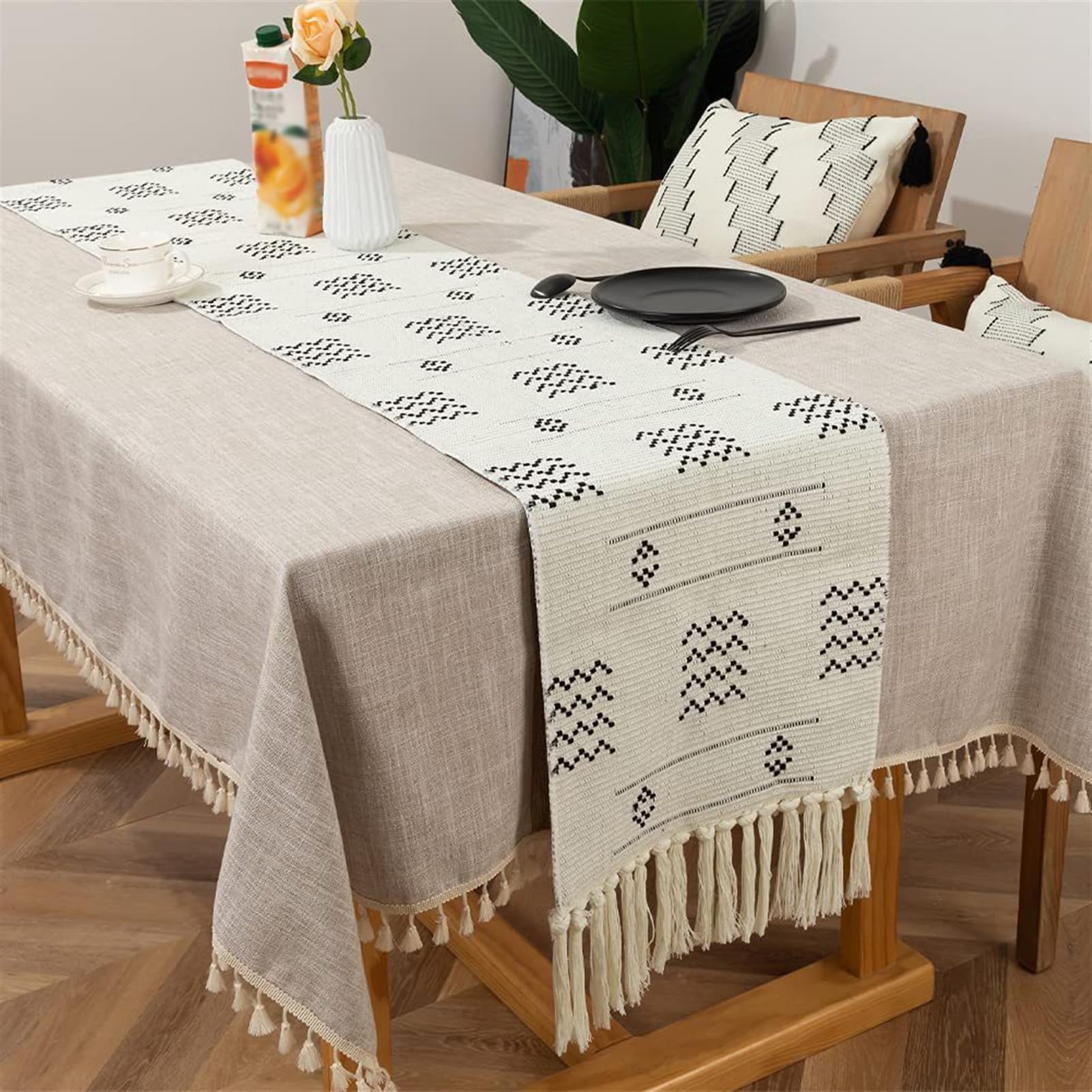 Camino de Mesa de Algodón Estilo Bohemio Camino de Mesa Lavable con Borlas para Boda Fiesta Hogar Cocina Mesa de Comedor Decoración Blanco, 35 x 200 cm