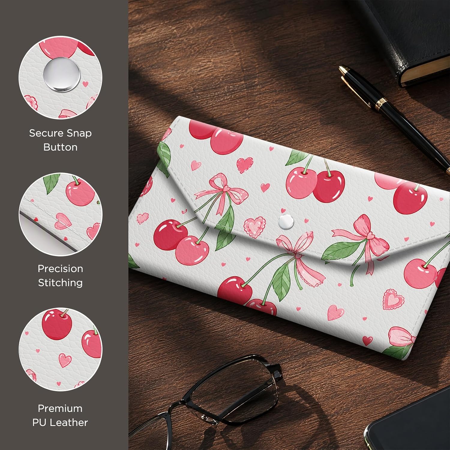 Cash Envelope Wallet Cute PU Leather Envelopes Bag for Men and Women, Reusable Budget Pouch for Budgeting Billing, Cherry Bow image 5